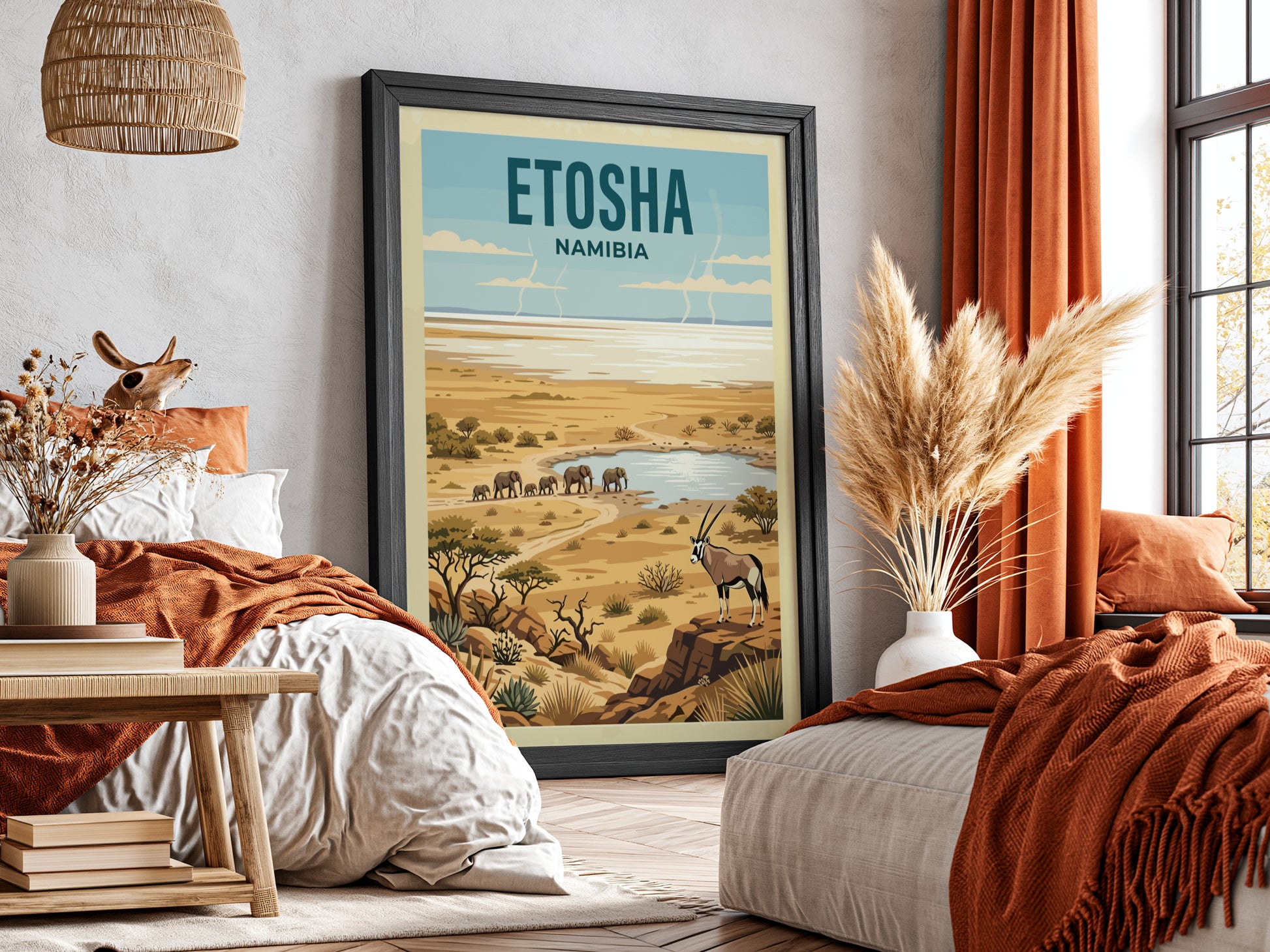 Etosha National Park poster showcasing elephants and oryx in warm colors, ideal for nature lovers and home