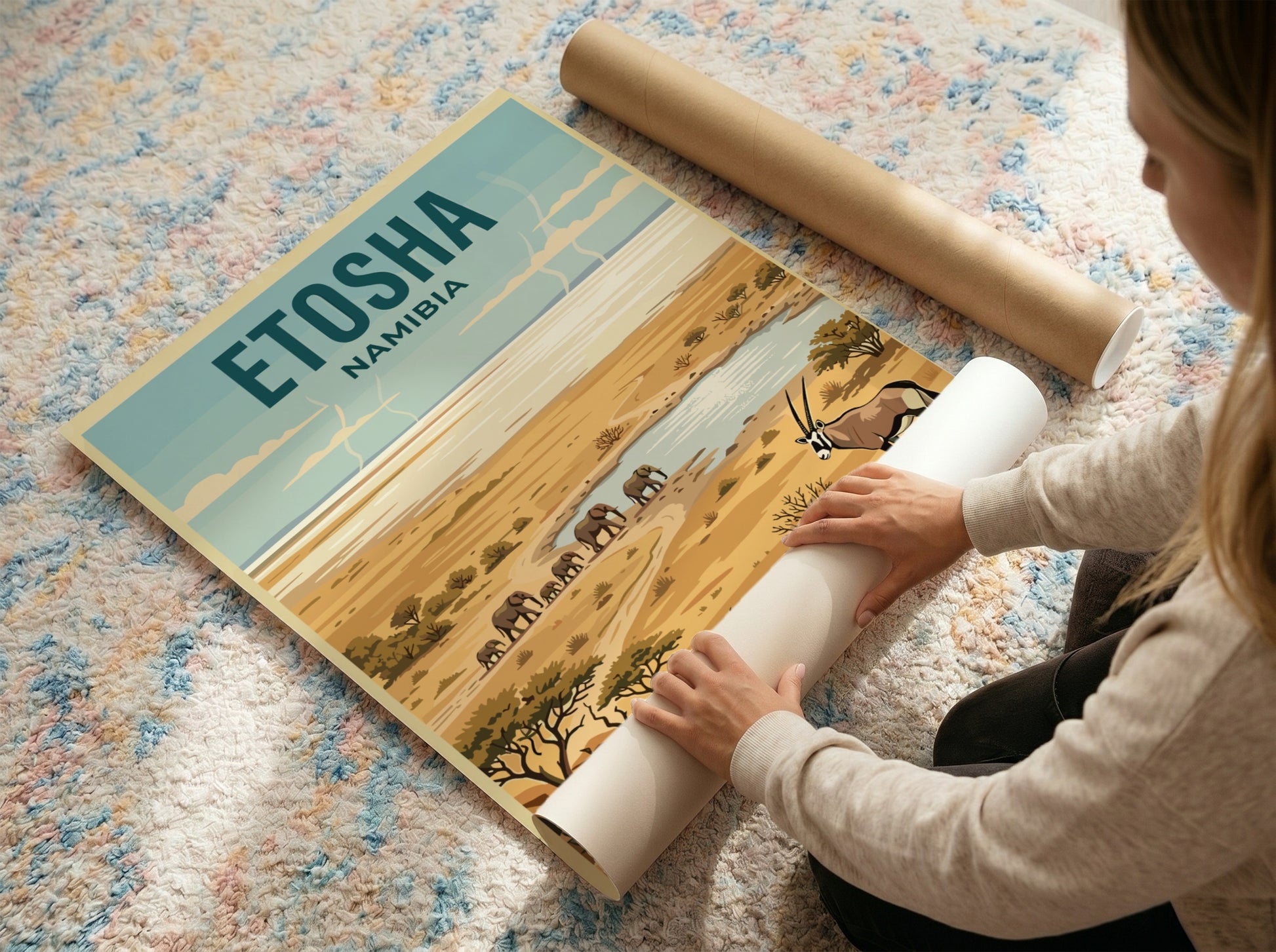 Etosha National Park poster showcasing elephants and oryx in warm colors, ideal for nature lovers and home