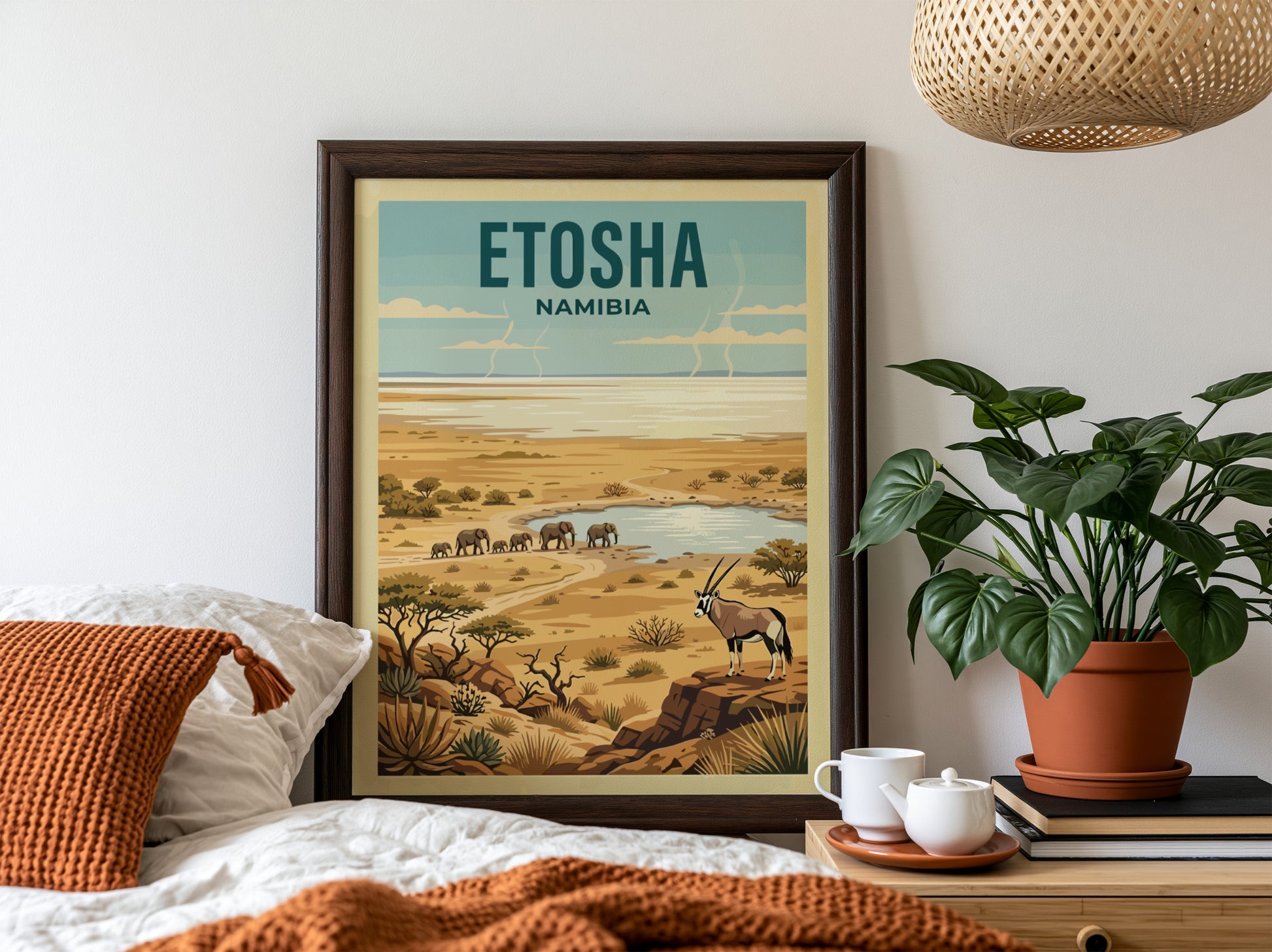 Etosha National Park poster showcasing elephants and oryx in warm colors, ideal for nature lovers and home