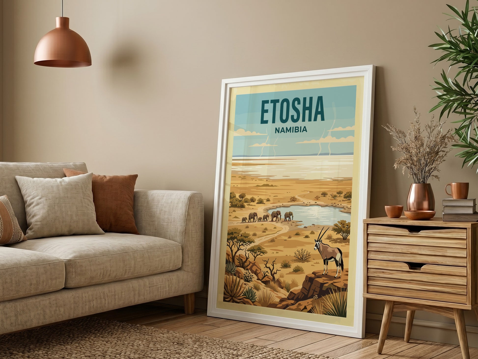 Etosha National Park poster showcasing elephants and oryx in warm colors, ideal for nature lovers and home