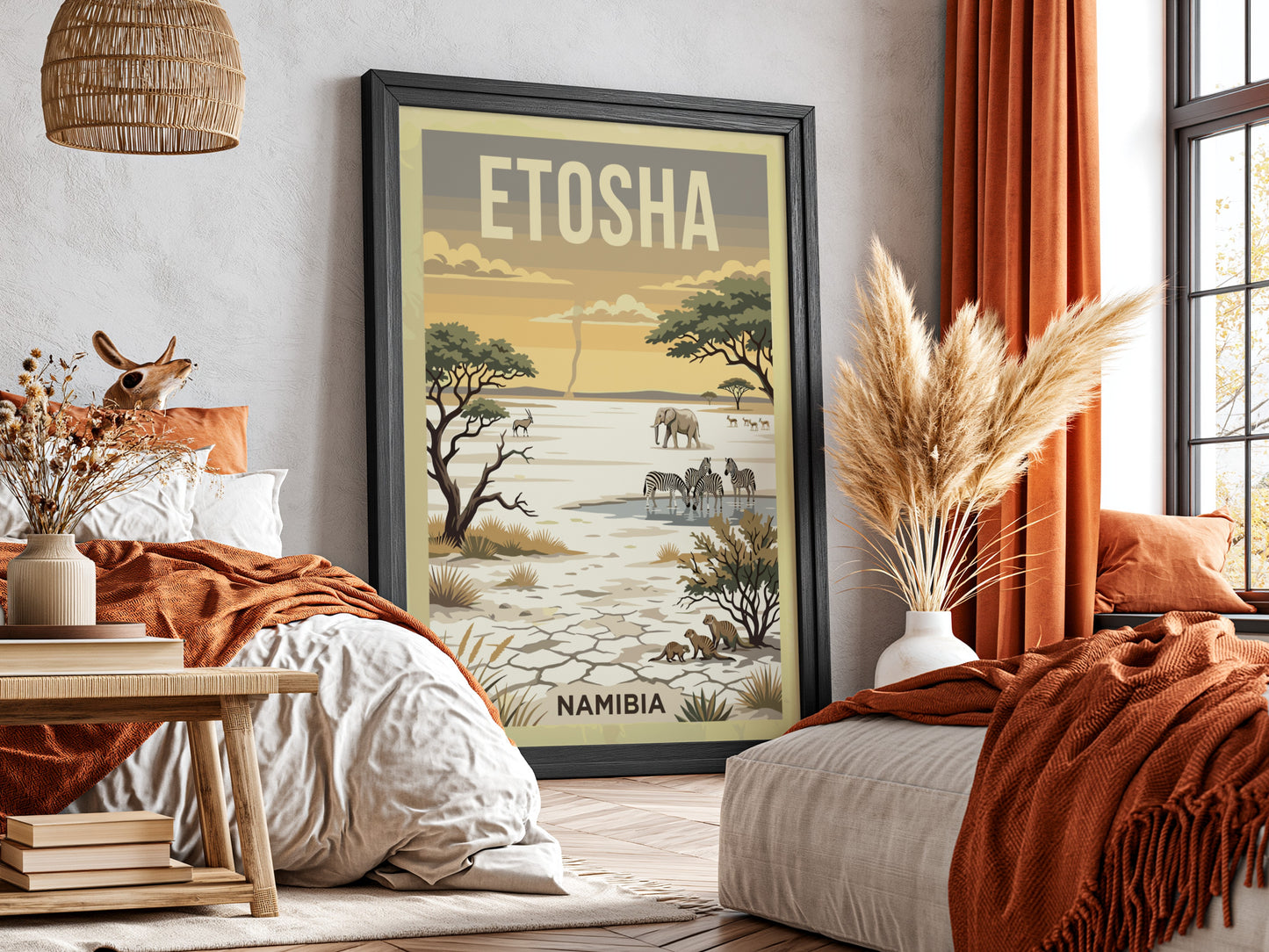 Etosha National Park poster featuring elephants, zebras, and warm landscapes in a wildlife art style