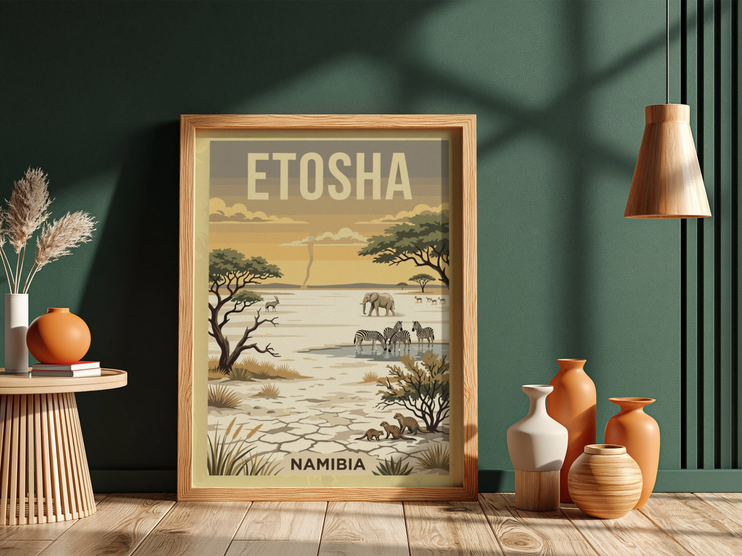 Etosha National Park poster featuring elephants, zebras, and warm landscapes in a wildlife art style