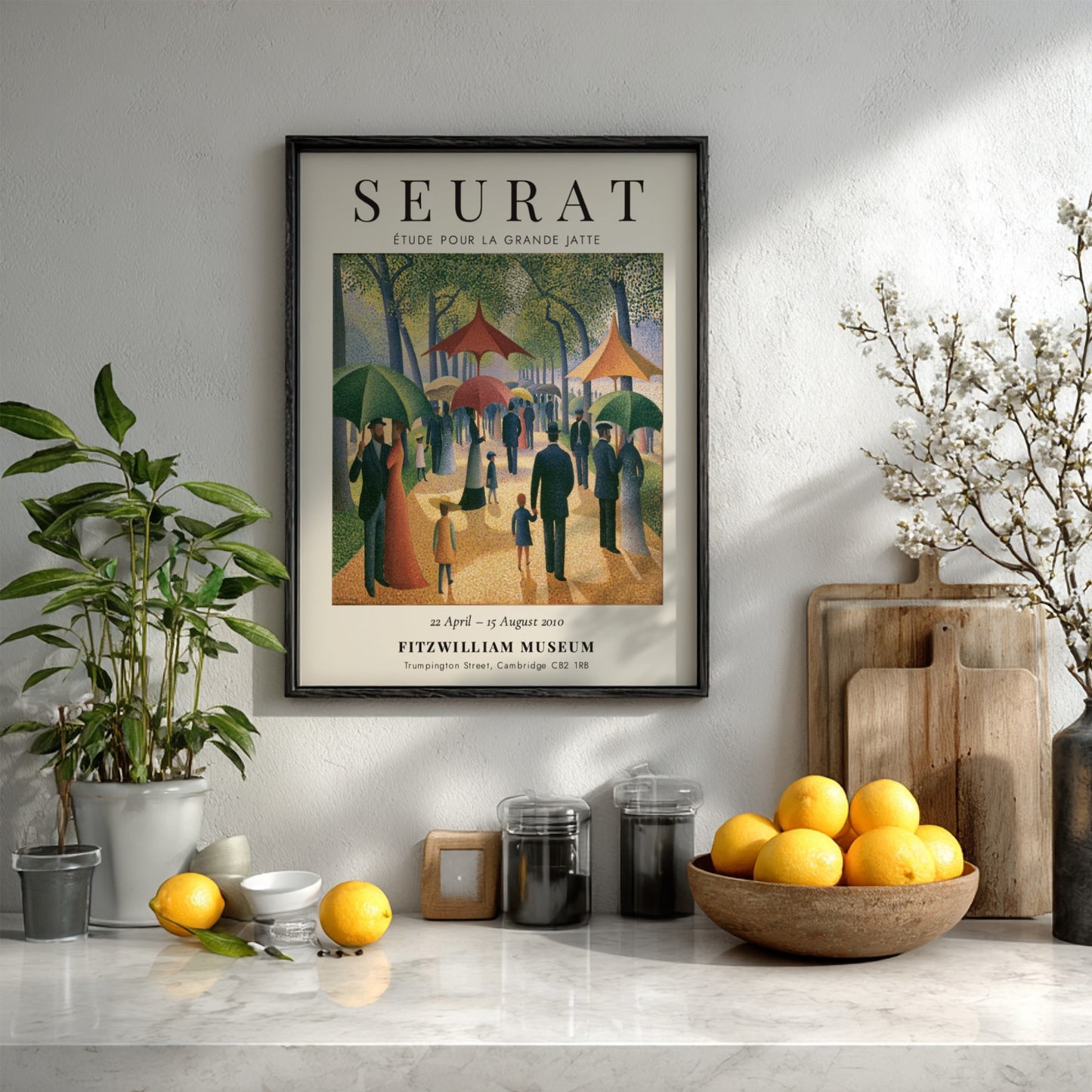 Seurat exhibition poster featuring Étude pour la Grande Jatte with vibrant colors and park scene in