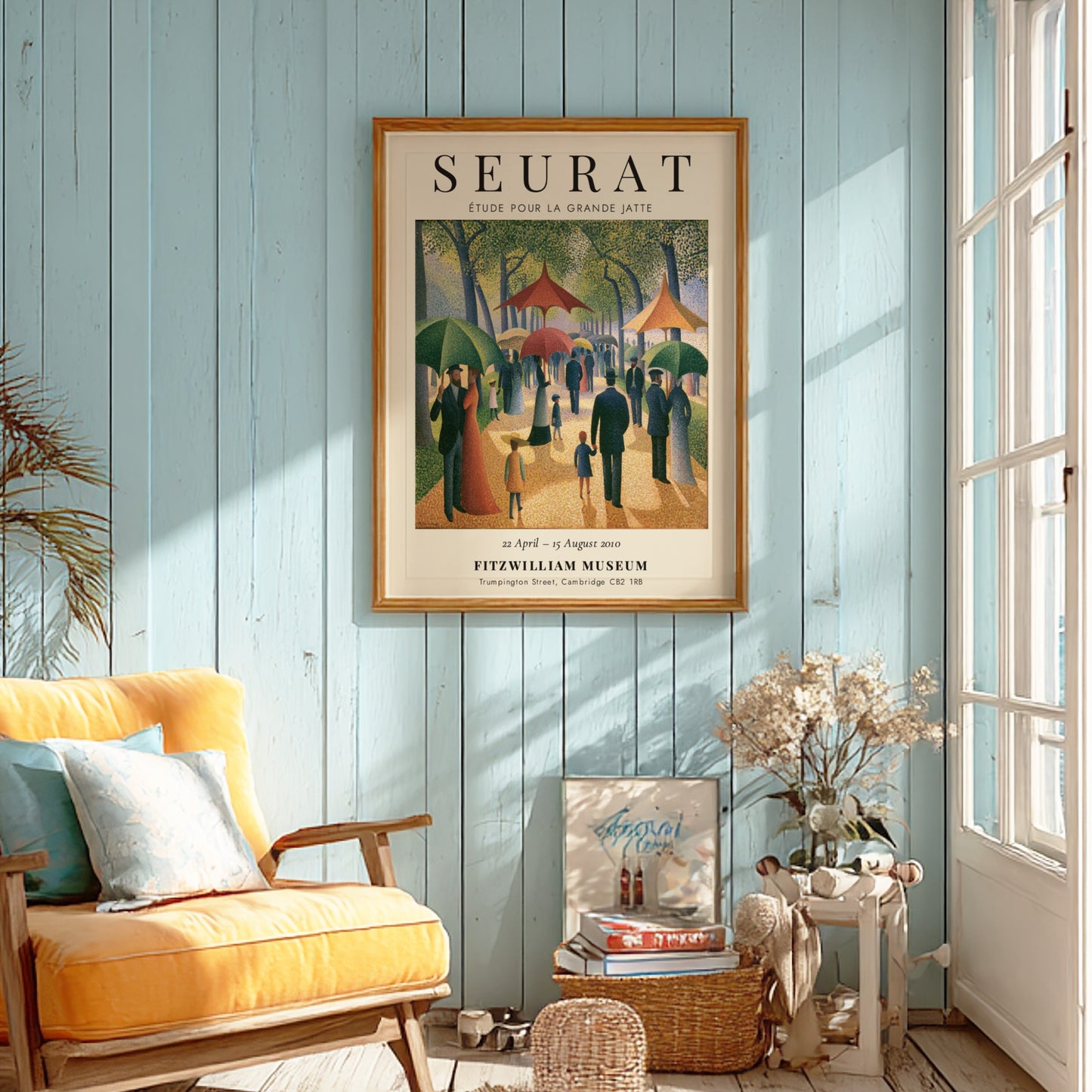 Seurat exhibition poster featuring Étude pour la Grande Jatte with vibrant colors and park scene in