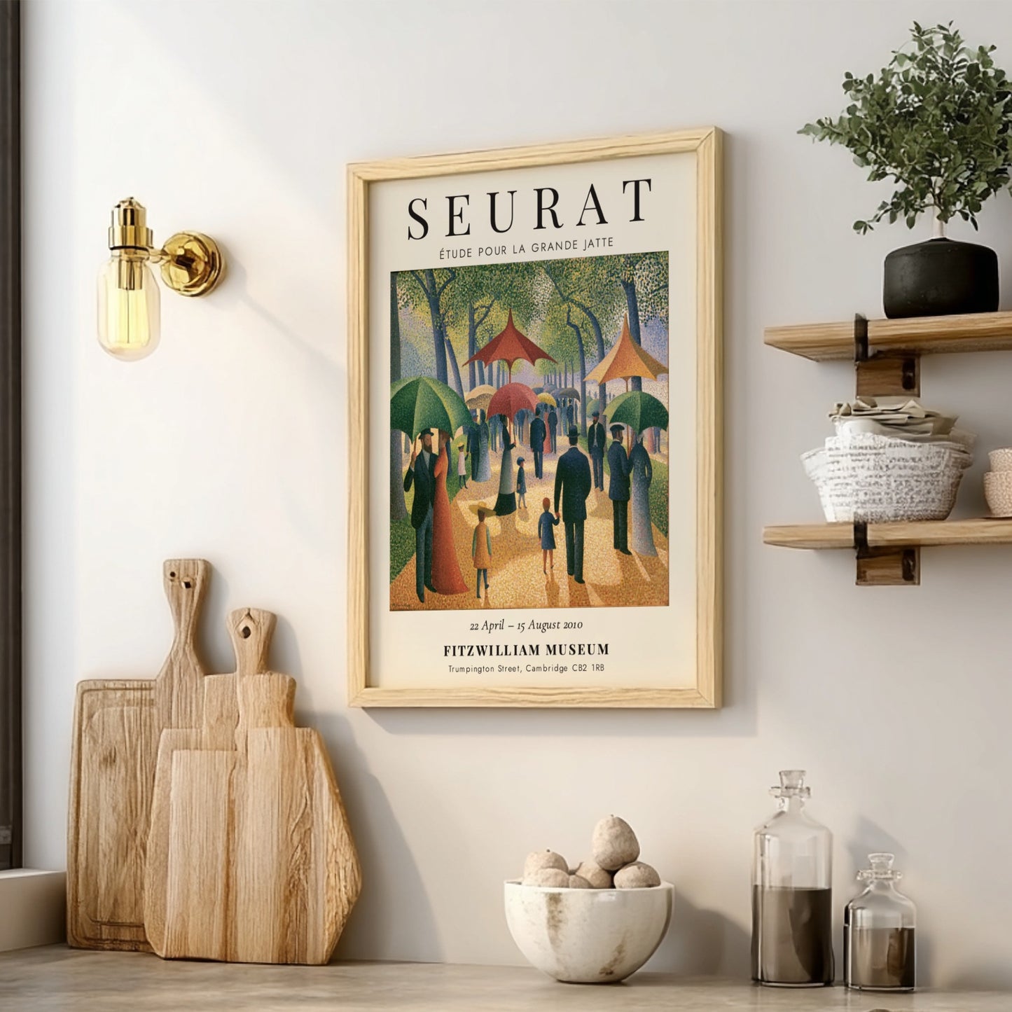 Seurat exhibition poster featuring Étude pour la Grande Jatte with vibrant colors and park scene in