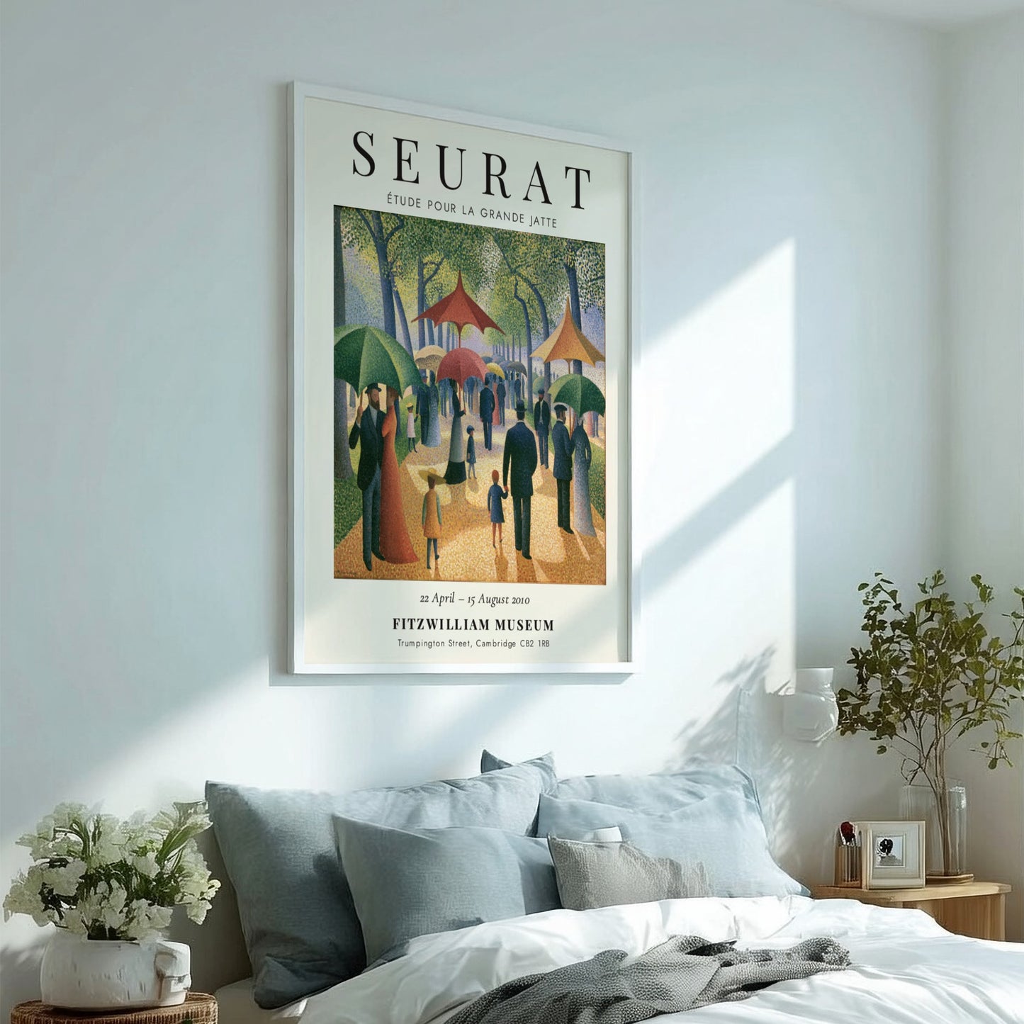 Seurat exhibition poster featuring Étude pour la Grande Jatte with vibrant colors and park scene in