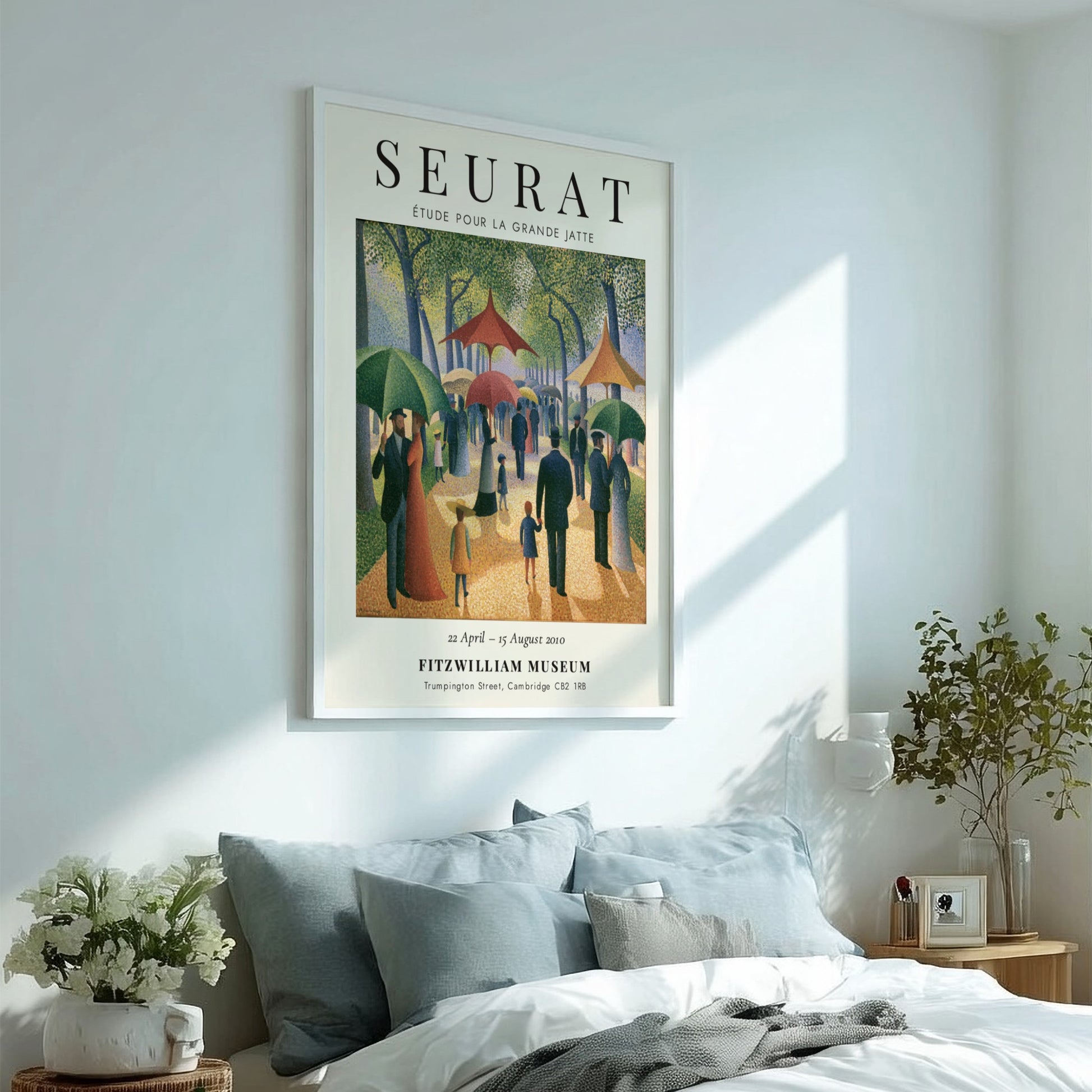 Seurat exhibition poster featuring Étude pour la Grande Jatte with vibrant colors and park scene in