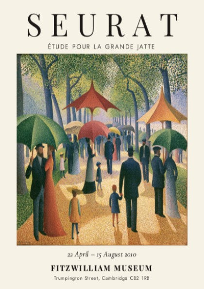 Seurat exhibition poster featuring Étude pour la Grande Jatte with vibrant colors and park scene in