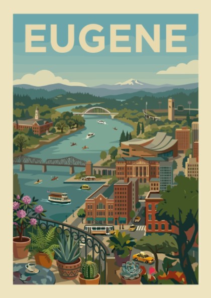 Vintage-style art print of Eugene, Oregon cityscape with river and mountains, in a retro color palette.