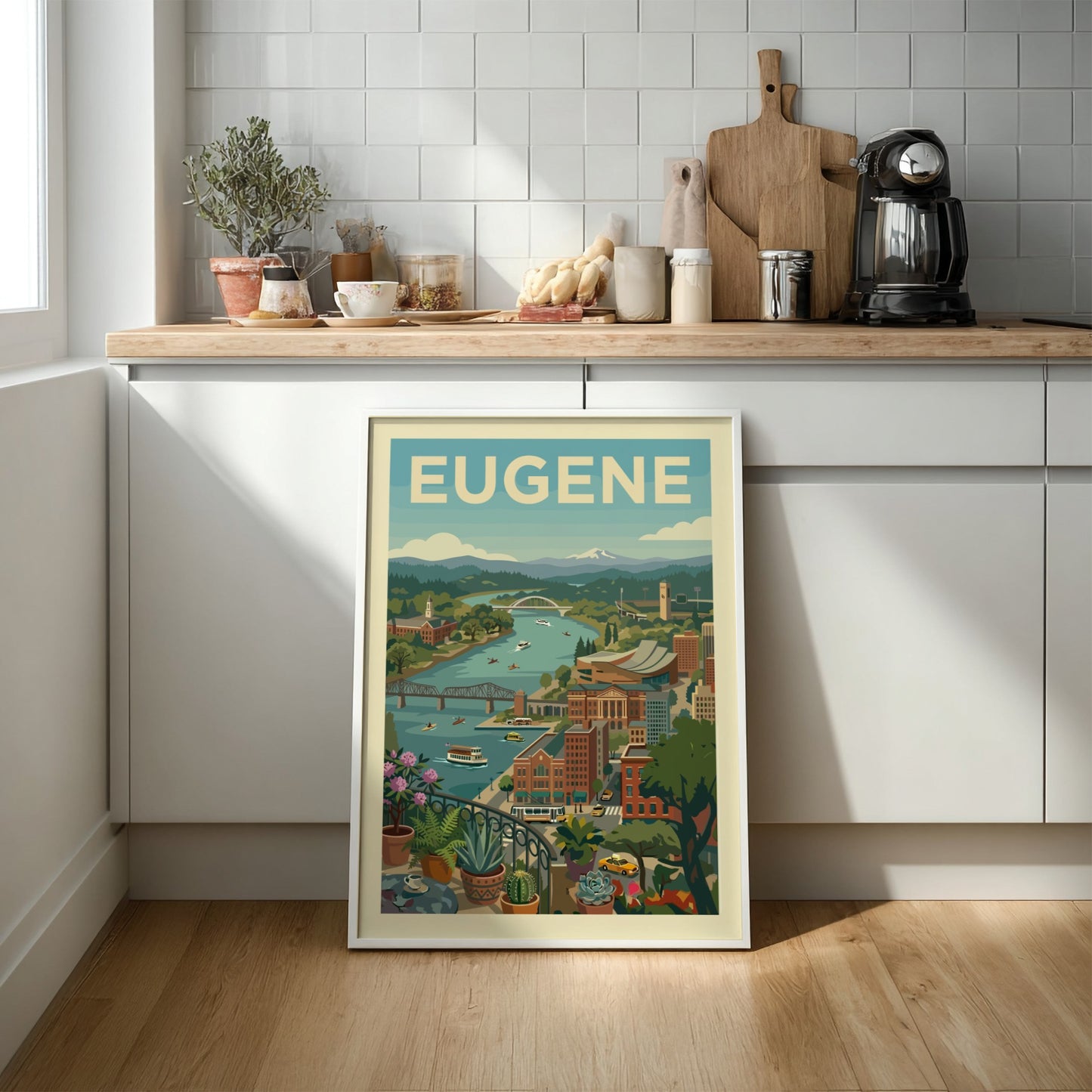 Vintage-style art print of Eugene, Oregon cityscape with river and mountains, in a retro color palette.