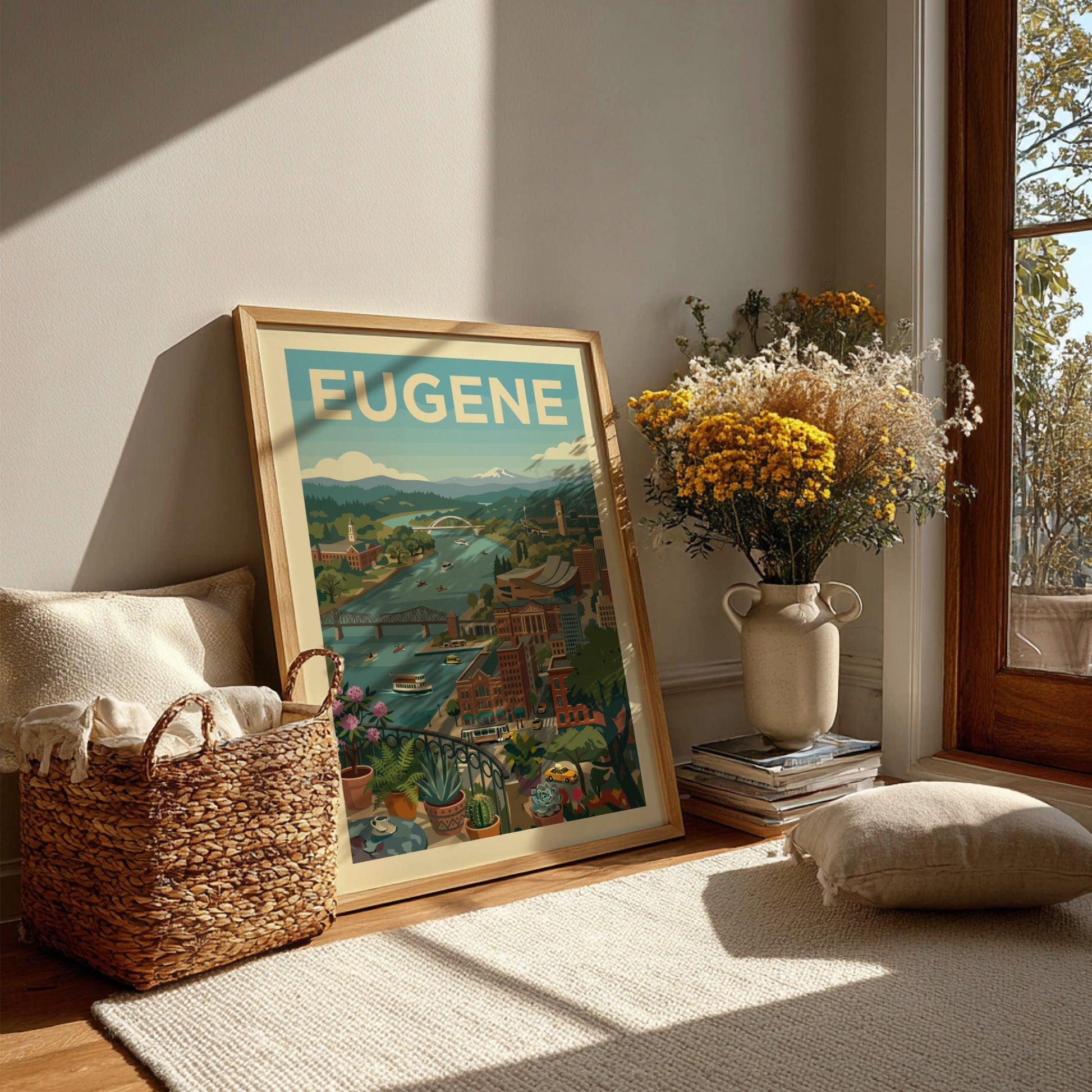 Vintage-style art print of Eugene, Oregon cityscape with river and mountains, in a retro color palette.