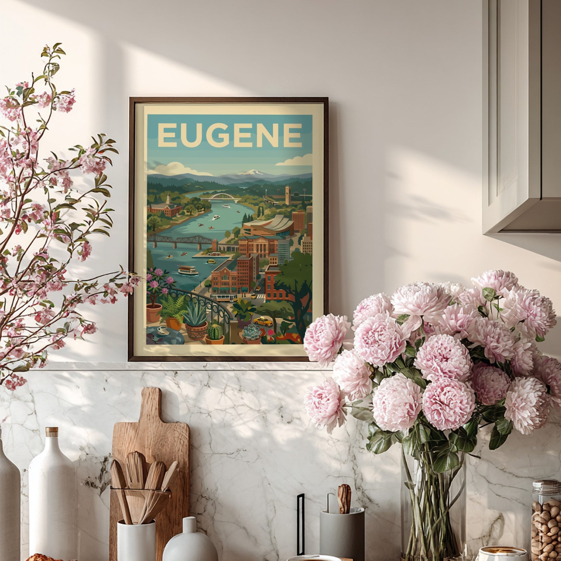 Vintage-style art print of Eugene, Oregon cityscape with river and mountains, in a retro color palette.