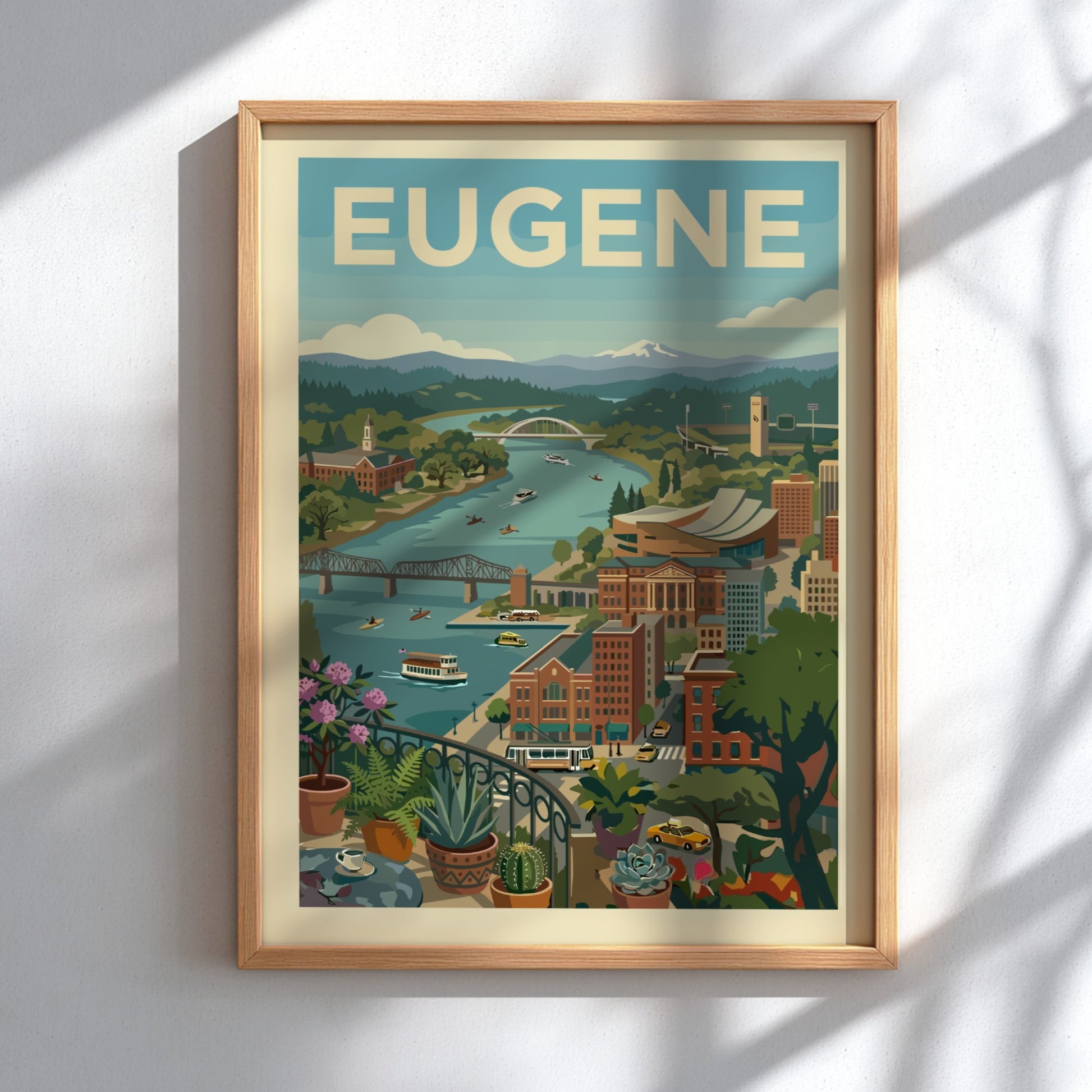 Vintage-style art print of Eugene, Oregon cityscape with river and mountains, in a retro color palette.