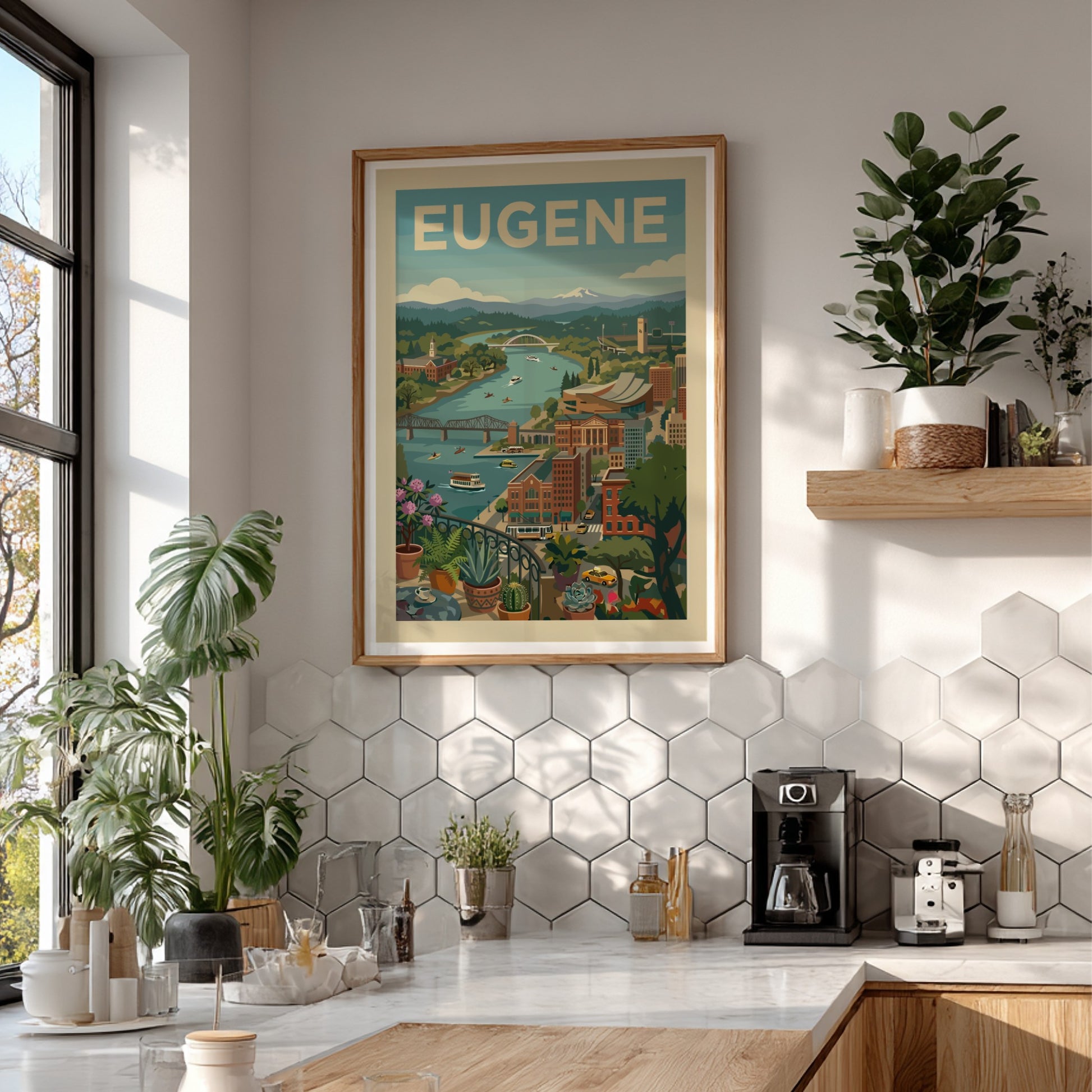 Vintage-style art print of Eugene, Oregon cityscape with river and mountains, in a retro color palette.