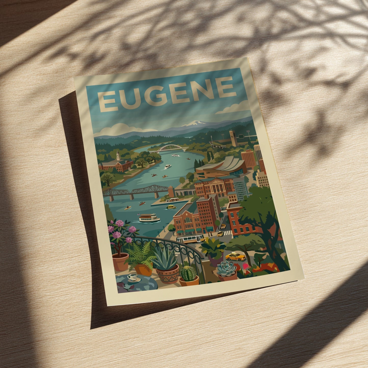 Vintage-style art print of Eugene, Oregon cityscape with river and mountains, in a retro color palette.