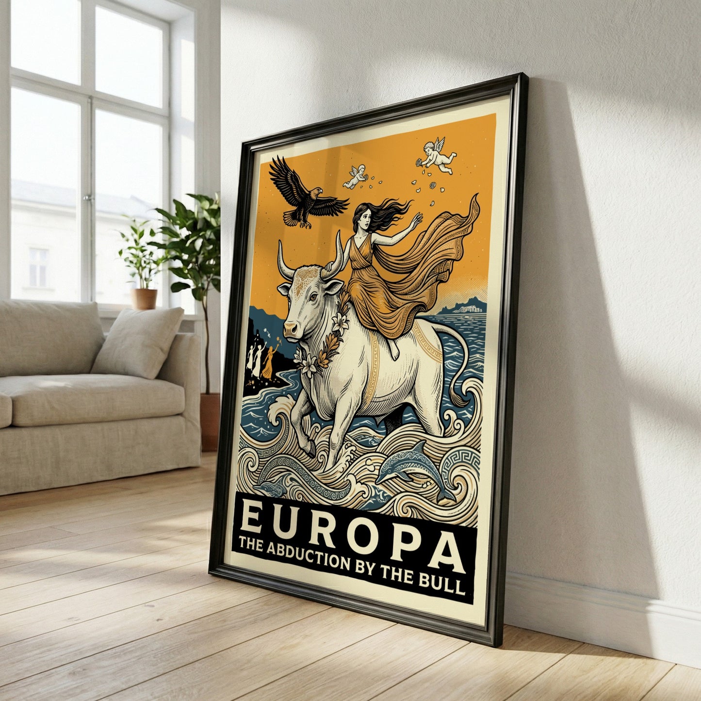 Europa and the Bull poster of Greek mythology art, featuring a woman riding a white bull across the sea.