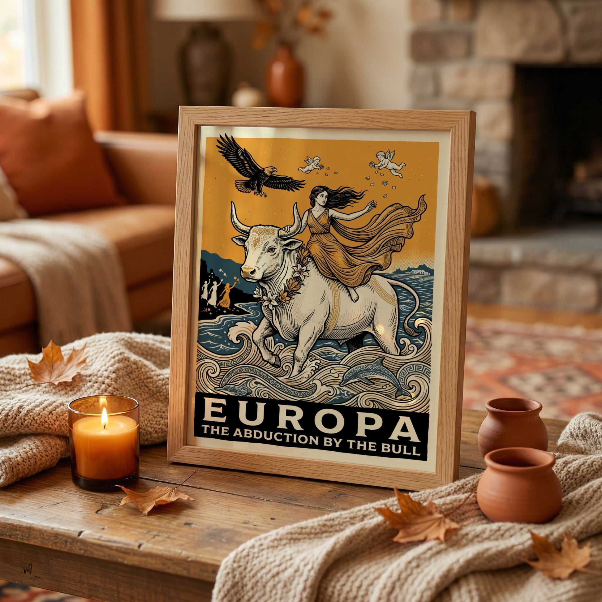 Europa and the Bull poster of Greek mythology art, featuring a woman riding a white bull across the sea.