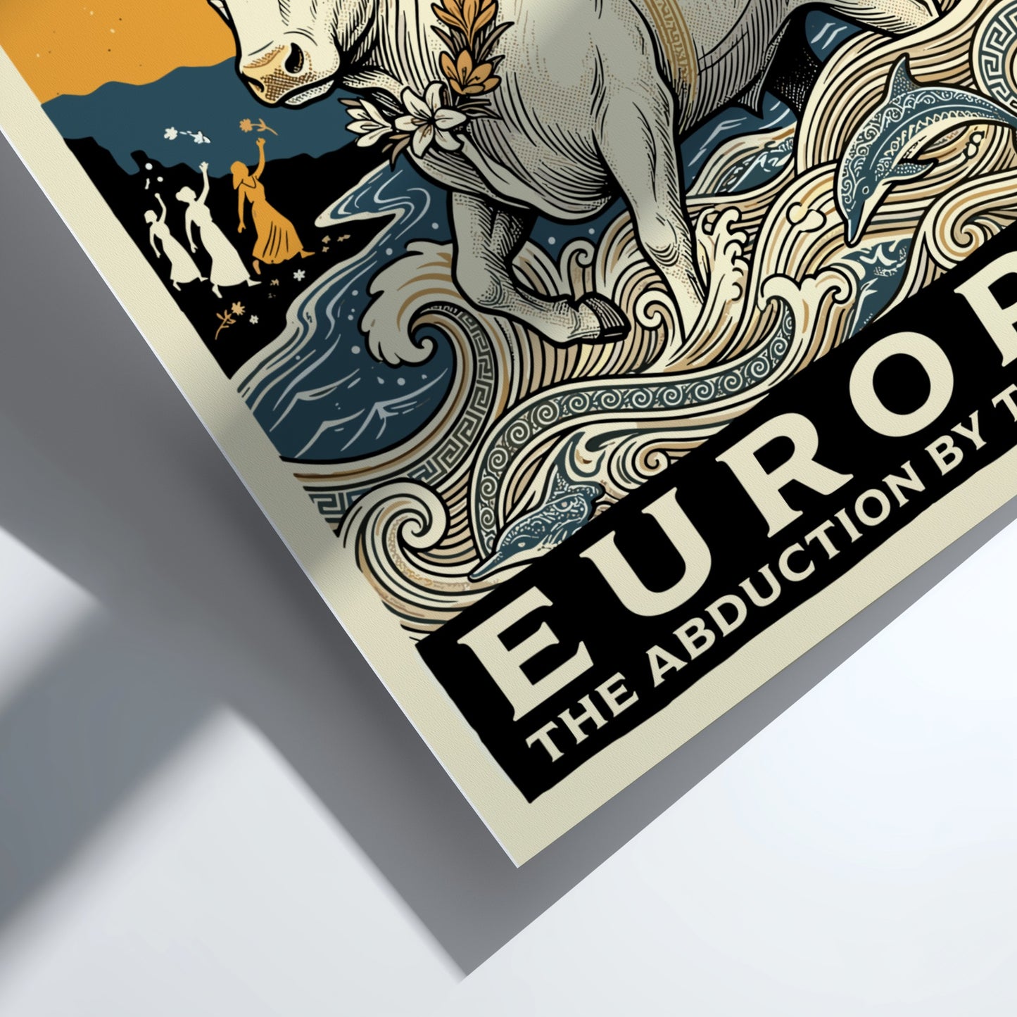 Europa and the Bull poster of Greek mythology art, featuring a woman riding a white bull across the sea.