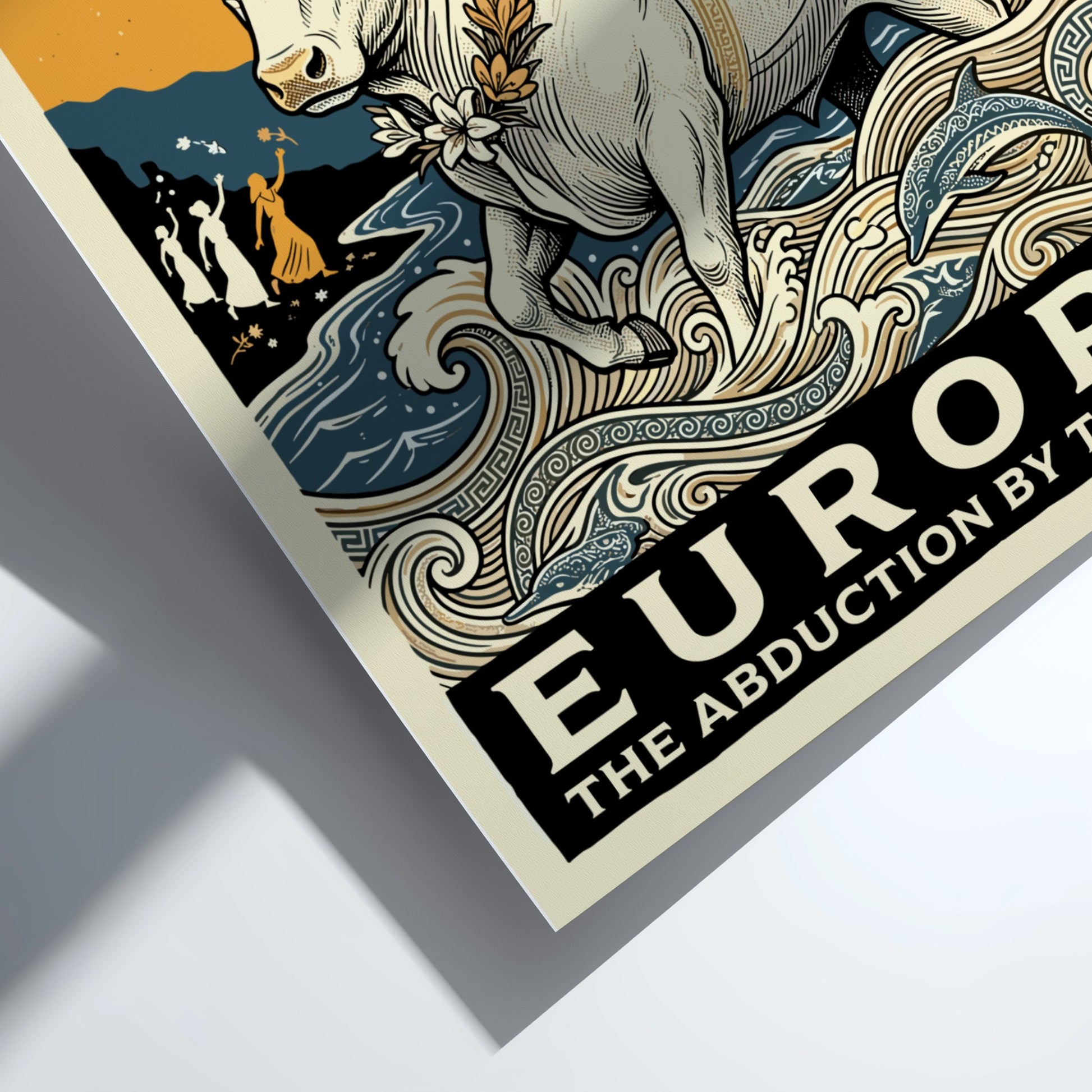 Europa and the Bull poster of Greek mythology art, featuring a woman riding a white bull across the sea.