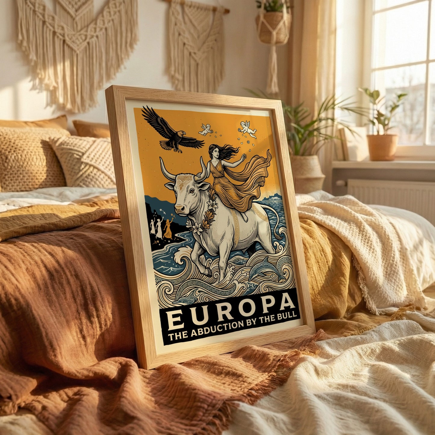 Europa and the Bull poster of Greek mythology art, featuring a woman riding a white bull across the sea.