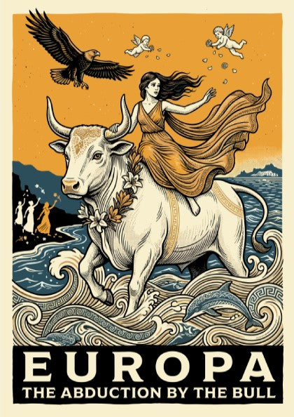 Europa and the Bull poster of Greek mythology art, featuring a woman riding a white bull across the sea.