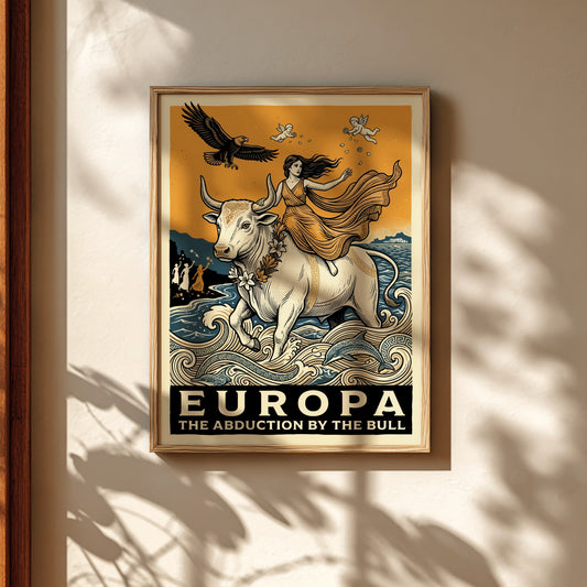 Europa and the Bull poster of Greek mythology art, featuring a woman riding a white bull across the sea.