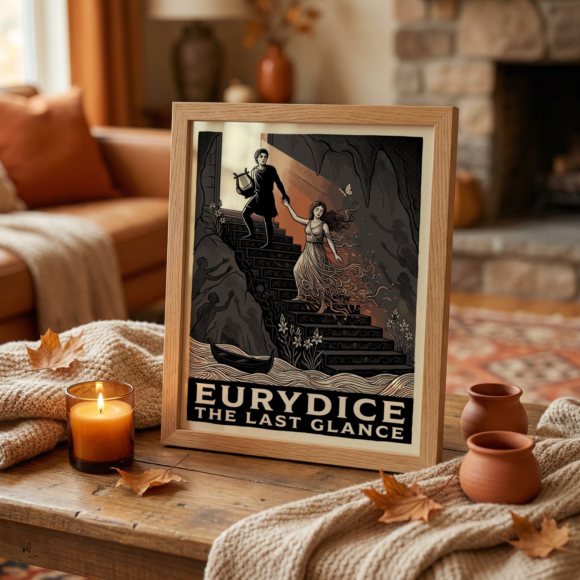 Eurydice poster featuring a graphic illustration of Orpheus leading Eurydice from the underworld up a