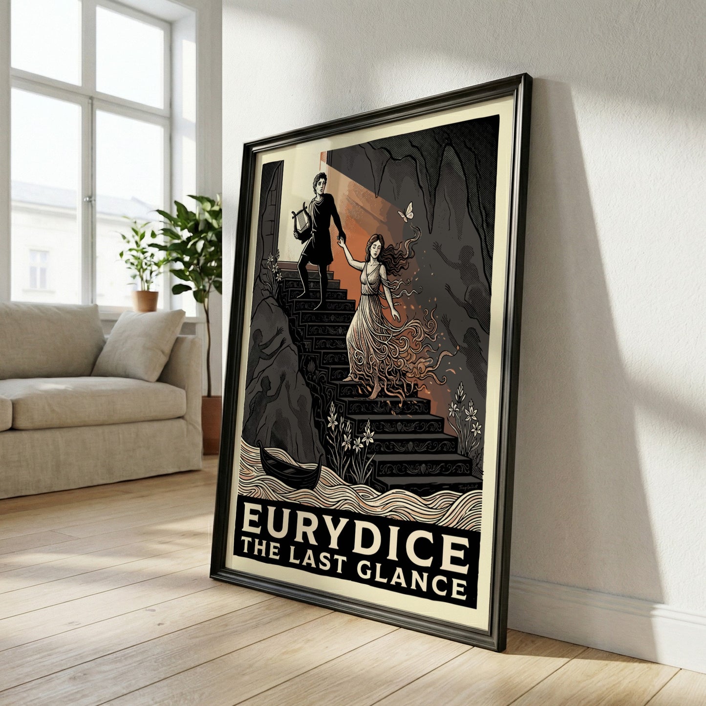 Eurydice poster featuring a graphic illustration of Orpheus leading Eurydice from the underworld up a