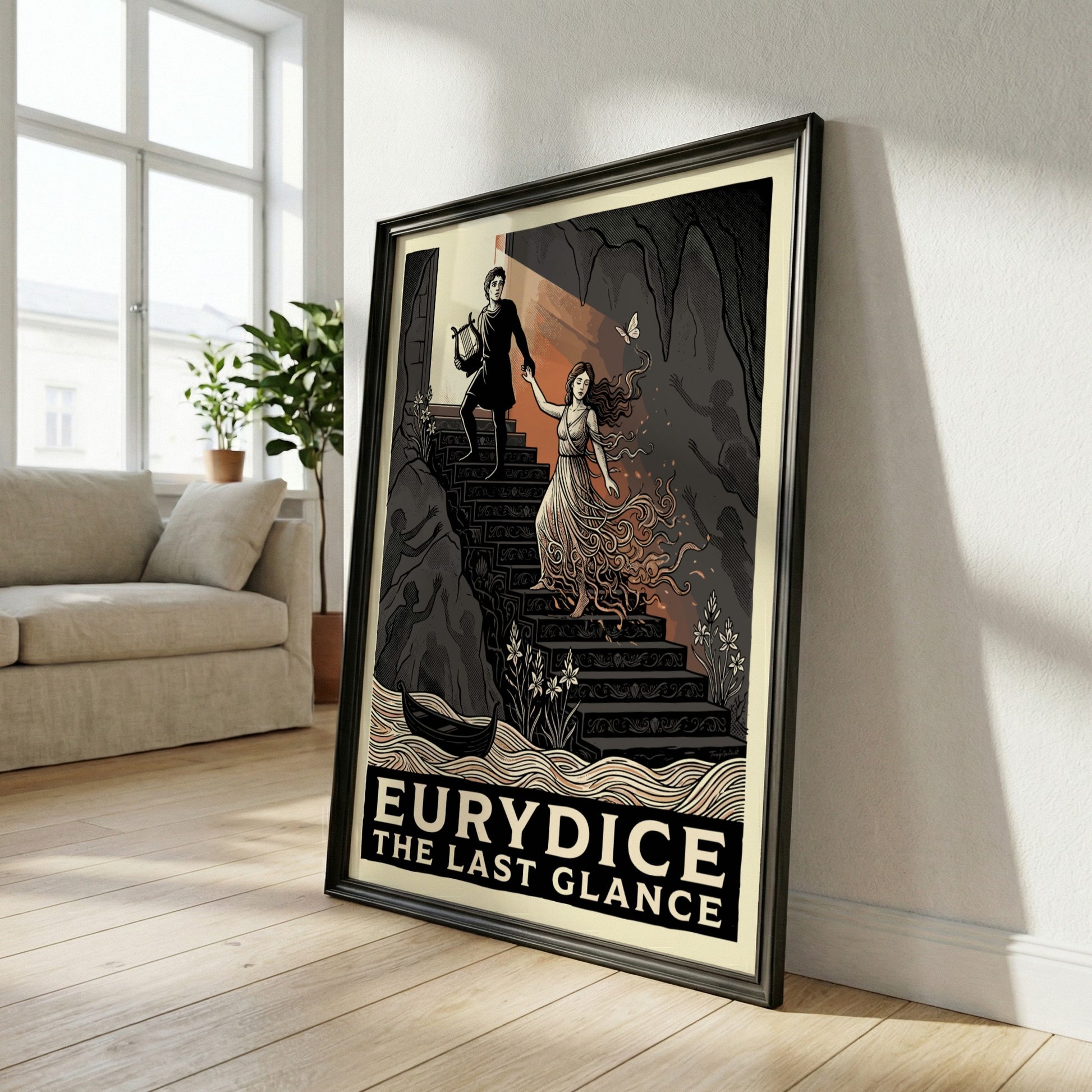 Eurydice poster featuring a graphic illustration of Orpheus leading Eurydice from the underworld up a