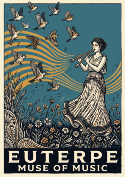 Poster of Euterpe Muse of Music playing a flute surrounded by birds and flowers.