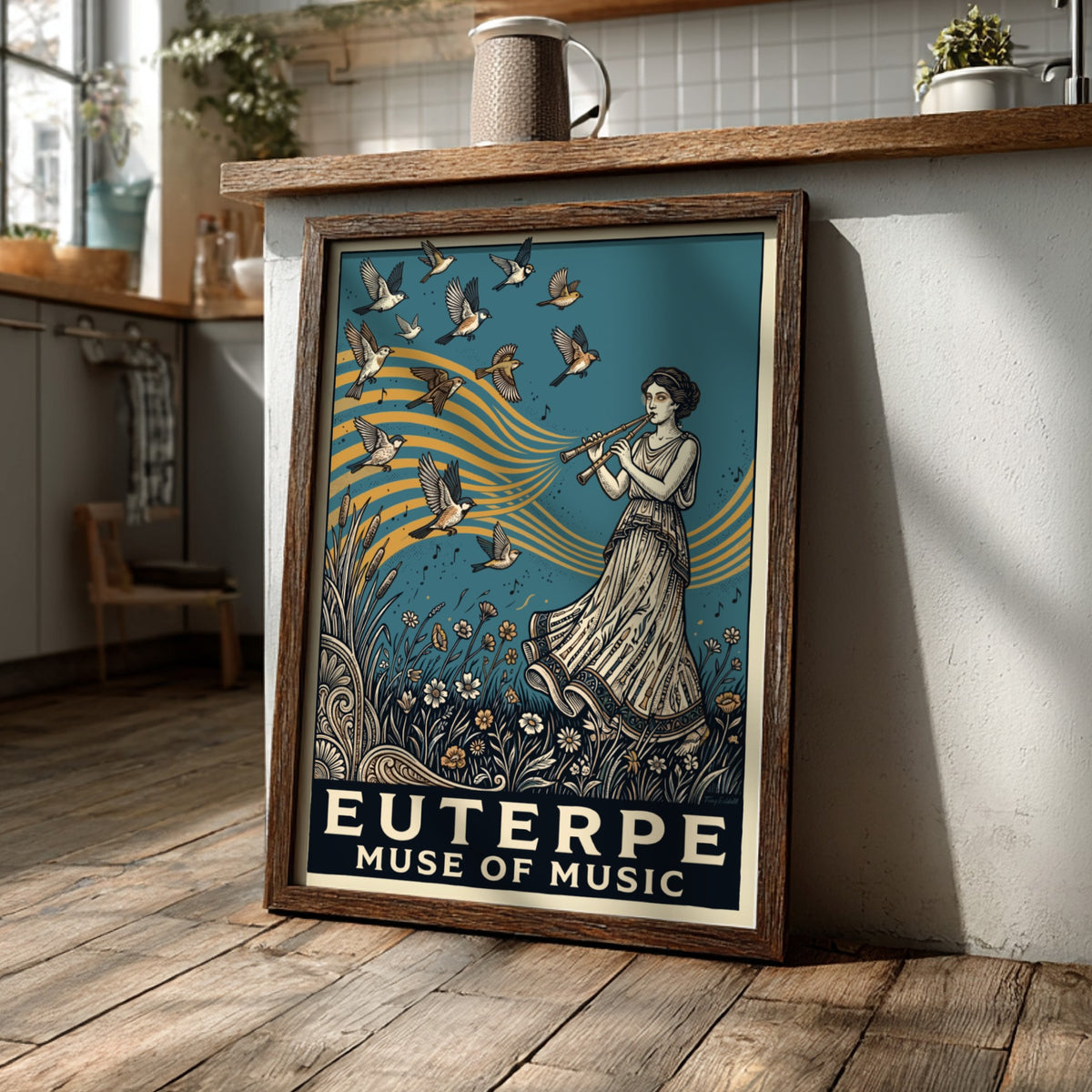 Poster of Euterpe Muse of Music playing a flute surrounded by birds and flowers.