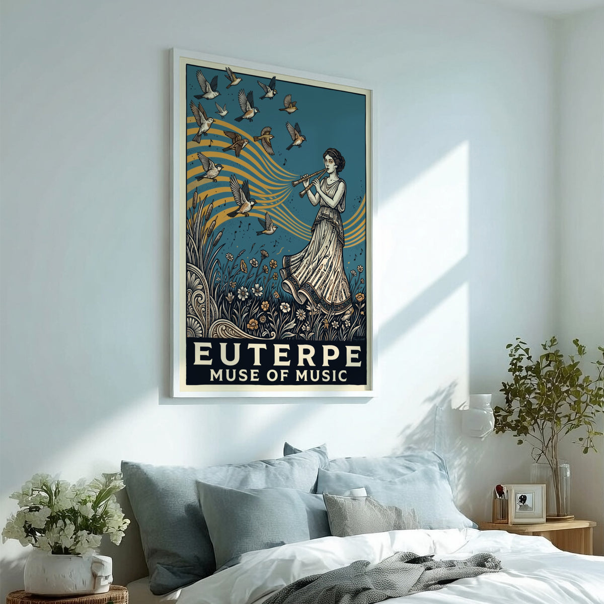 Poster of Euterpe Muse of Music playing a flute surrounded by birds and flowers.