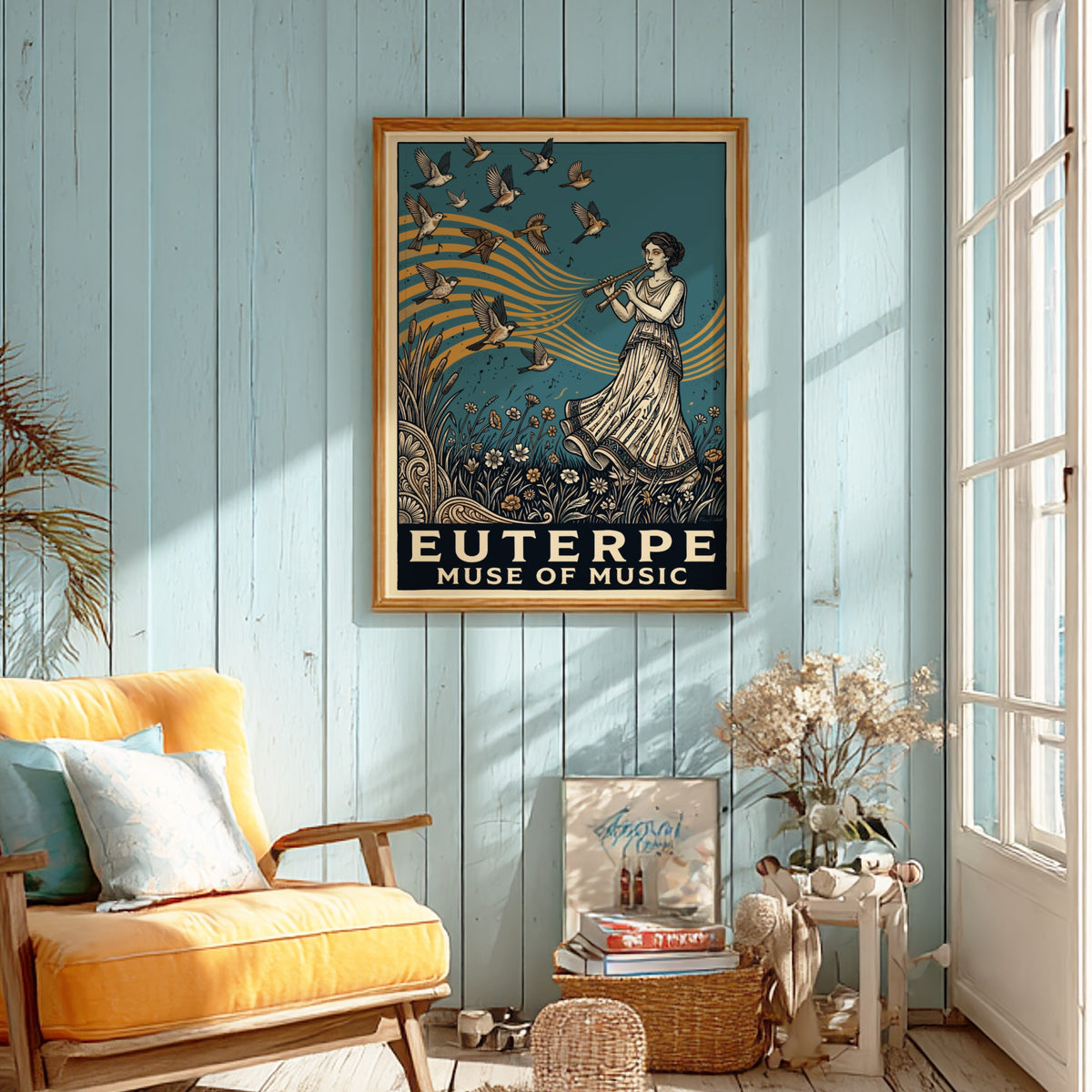Poster of Euterpe Muse of Music playing a flute surrounded by birds and flowers.