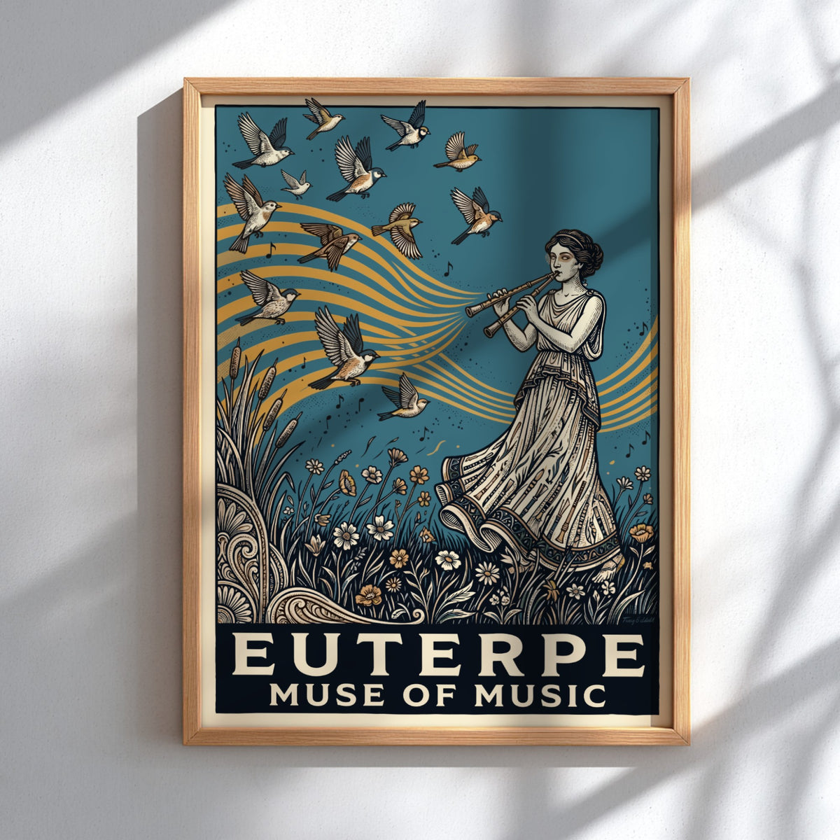 Poster of Euterpe Muse of Music playing a flute surrounded by birds and flowers.