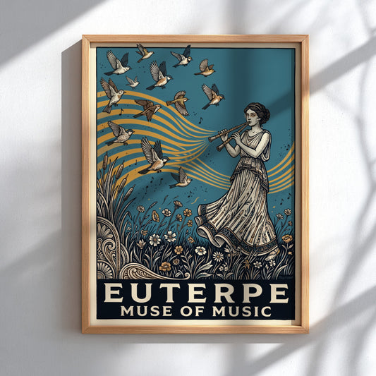 Poster of Euterpe Muse of Music playing a flute surrounded by birds and flowers.