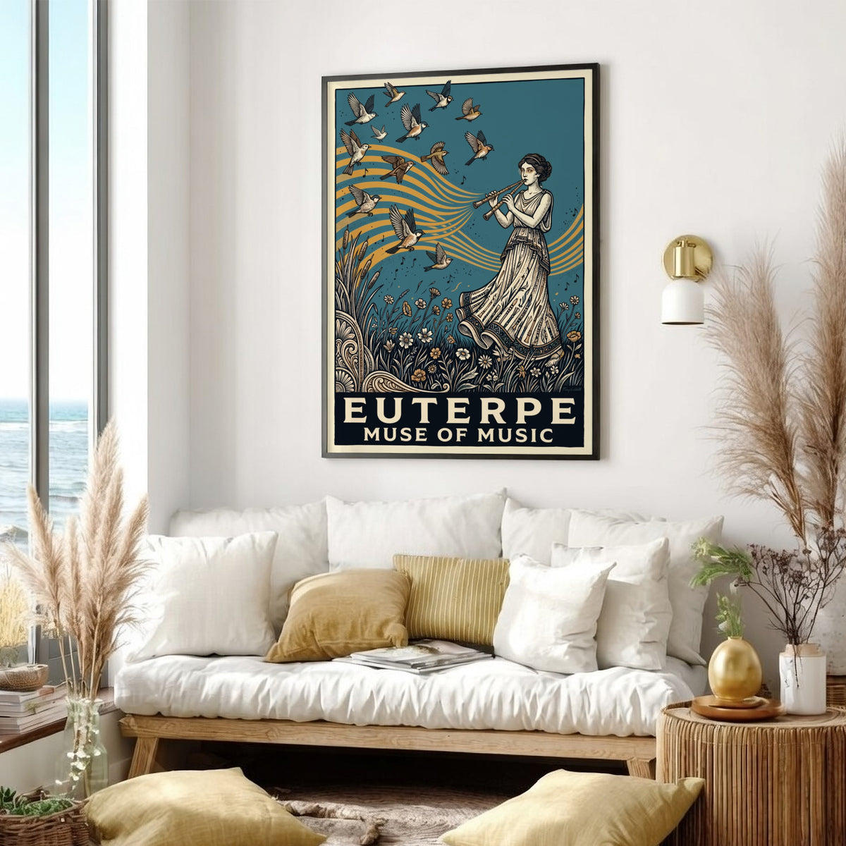 Poster of Euterpe Muse of Music playing a flute surrounded by birds and flowers.