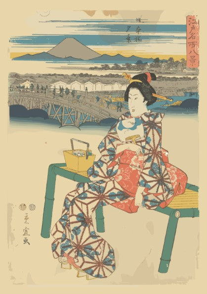 Ukiyo-e "Evening View at Nihonbashi" poster by Utagawa Hiroshige, featuring a woman and bridge.