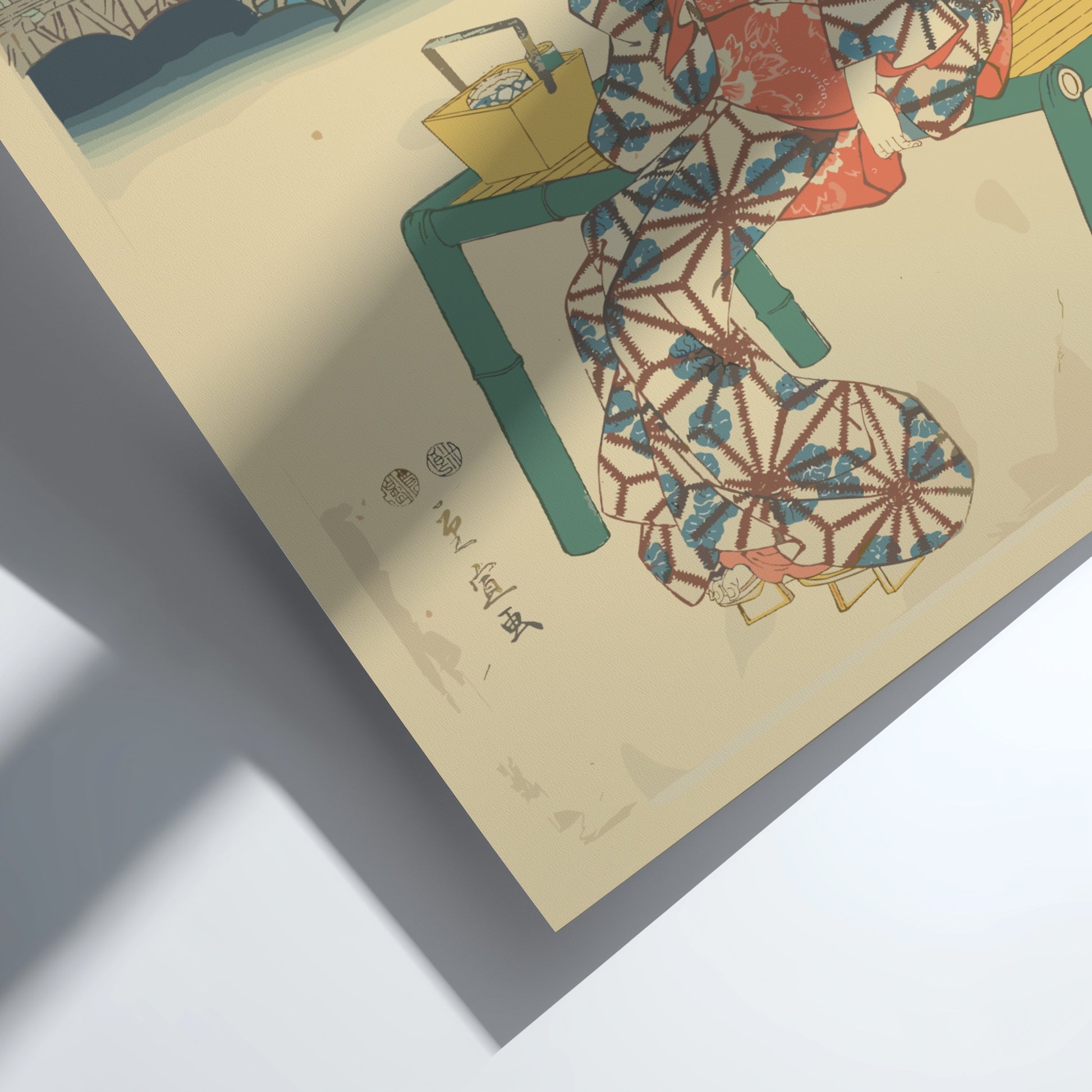 Ukiyo-e "Evening View at Nihonbashi" poster by Utagawa Hiroshige, featuring a woman and bridge.