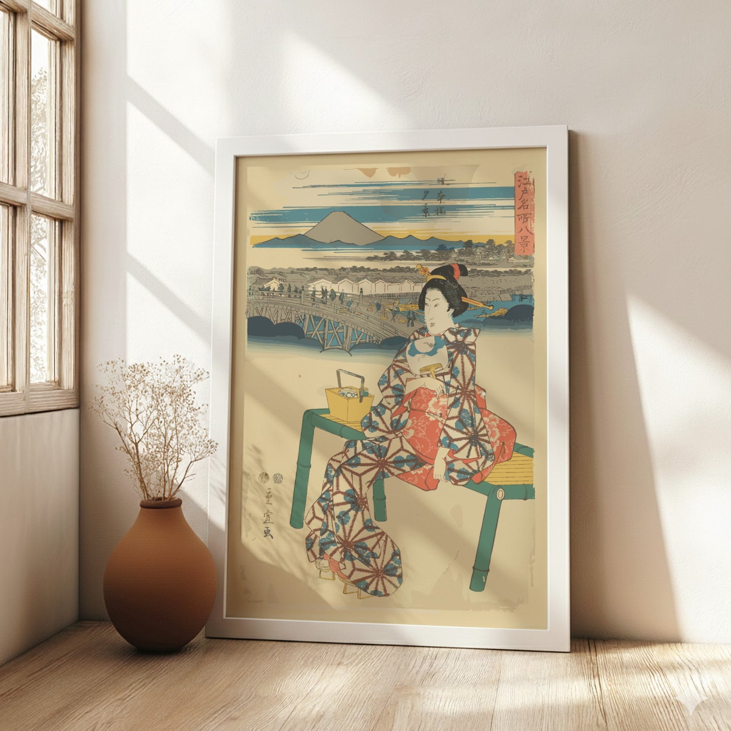Ukiyo-e "Evening View at Nihonbashi" poster by Utagawa Hiroshige, featuring a woman and bridge.