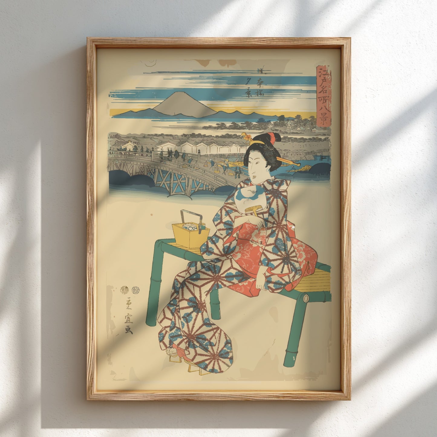 Ukiyo-e "Evening View at Nihonbashi" poster by Utagawa Hiroshige, featuring a woman and bridge.