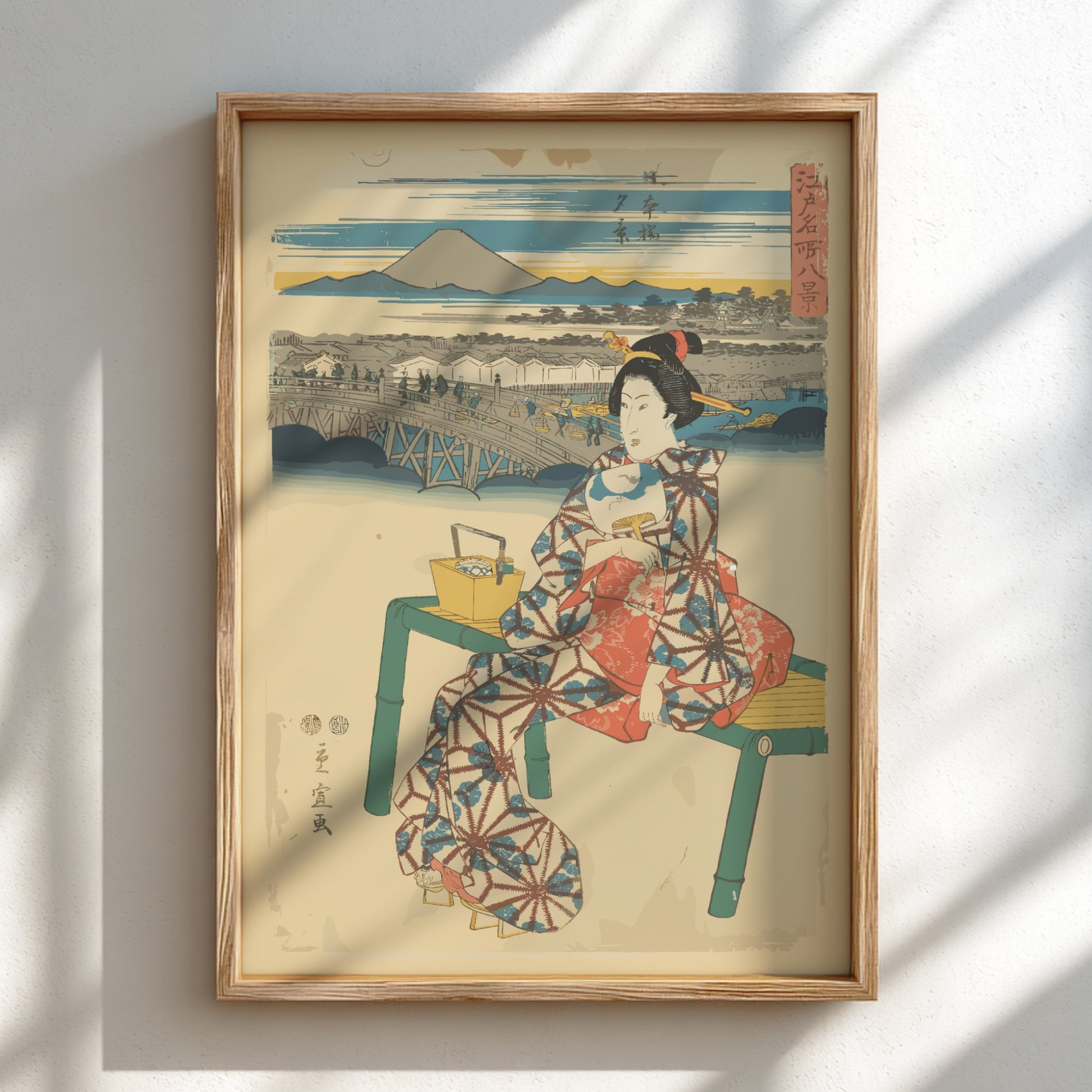 Ukiyo-e "Evening View at Nihonbashi" poster by Utagawa Hiroshige, featuring a woman and bridge.