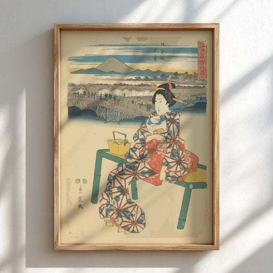 Ukiyo-e "Evening View at Nihonbashi" poster by Utagawa Hiroshige, featuring a woman and bridge.