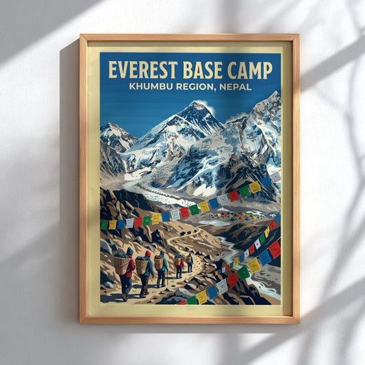 Travel poster featuring Everest Base Camp in the Khumbu Region with colorful prayer flags.