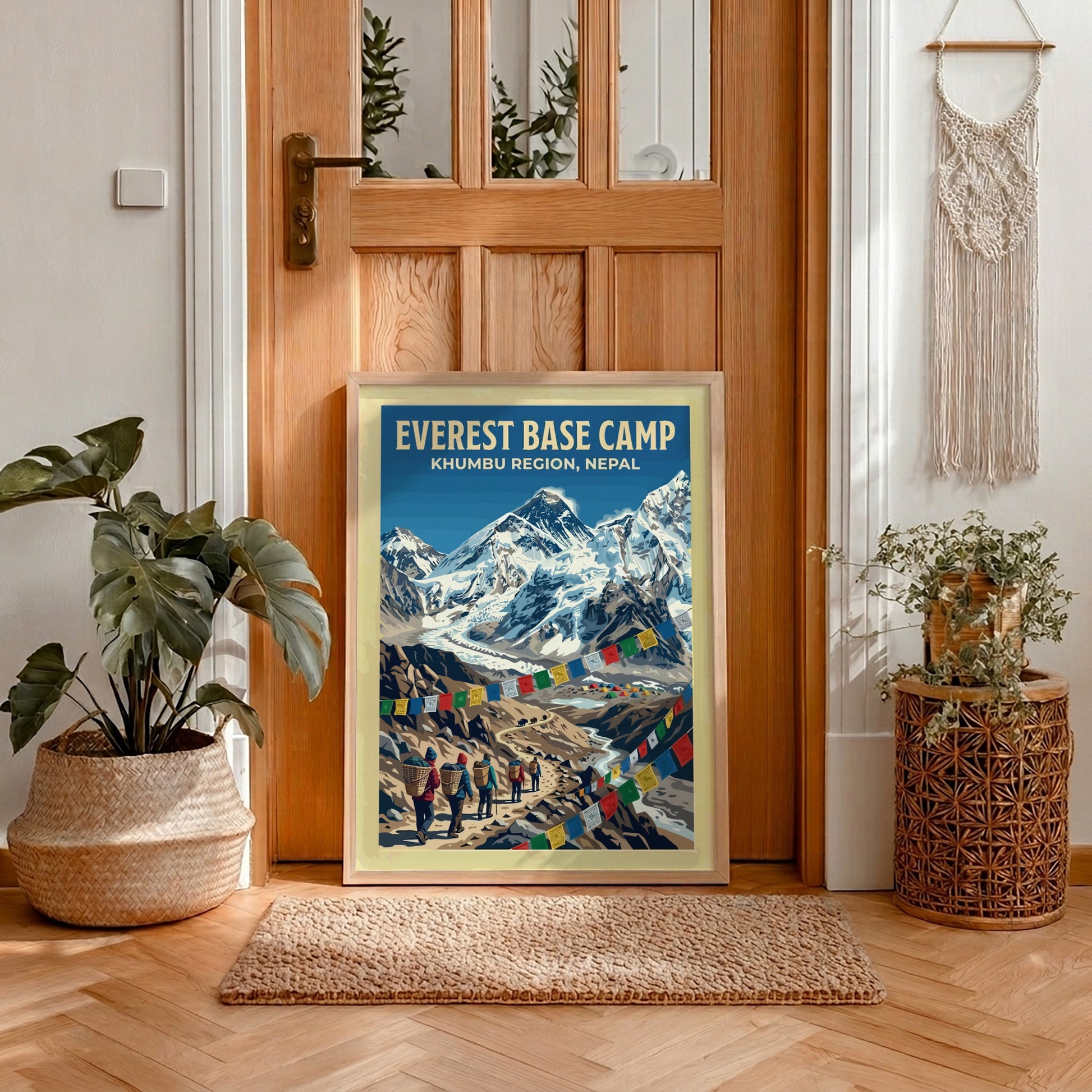 Travel poster featuring Everest Base Camp in the Khumbu Region with colorful prayer flags.