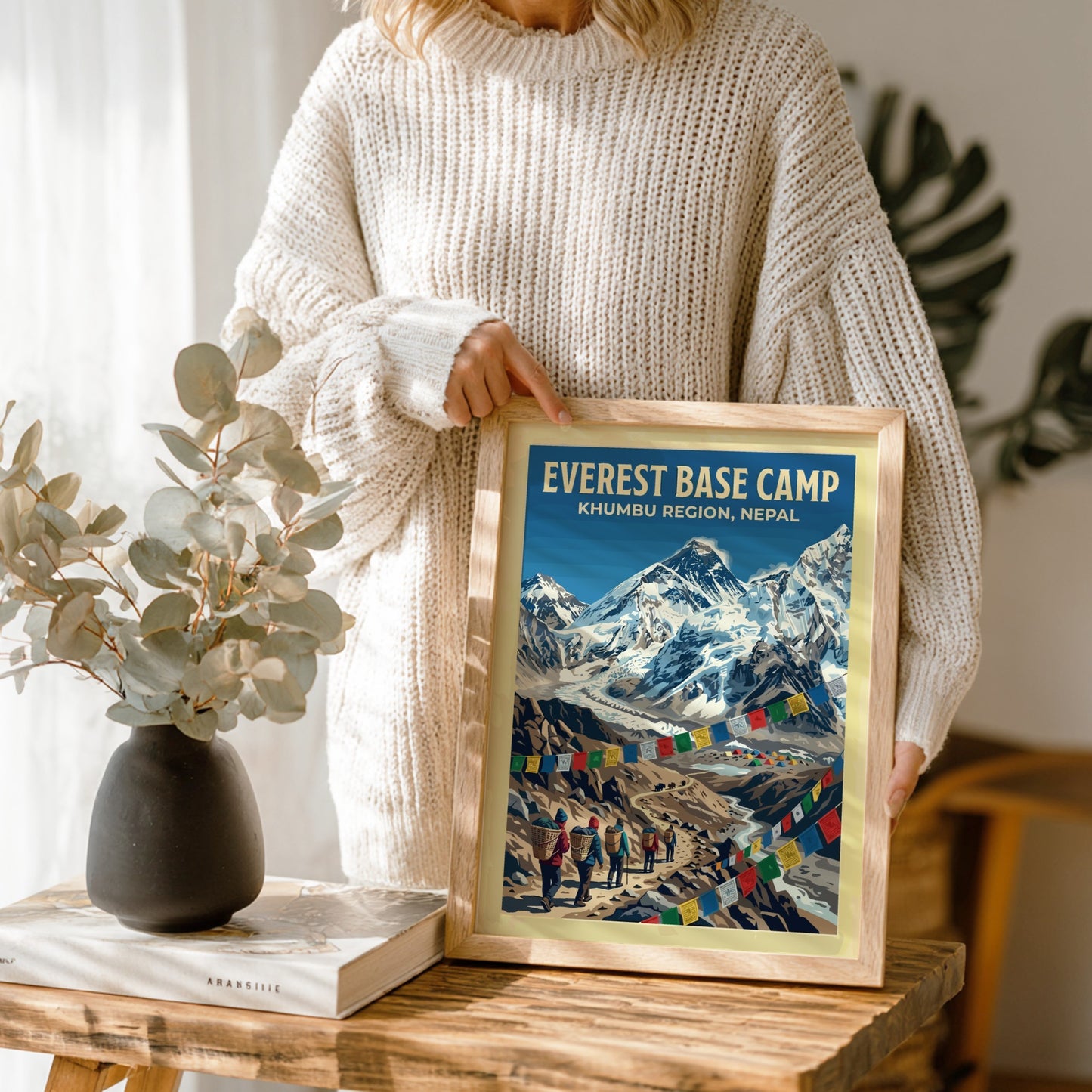 Travel poster featuring Everest Base Camp in the Khumbu Region with colorful prayer flags.