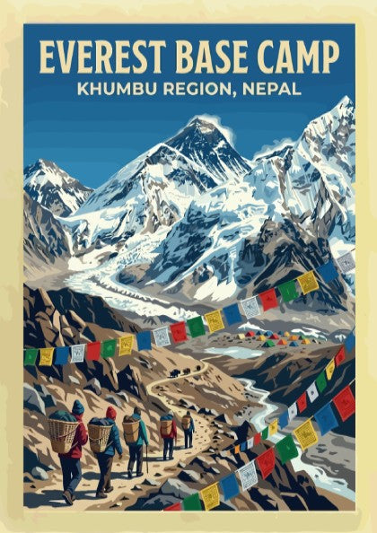 Travel poster featuring Everest Base Camp in the Khumbu Region with colorful prayer flags.