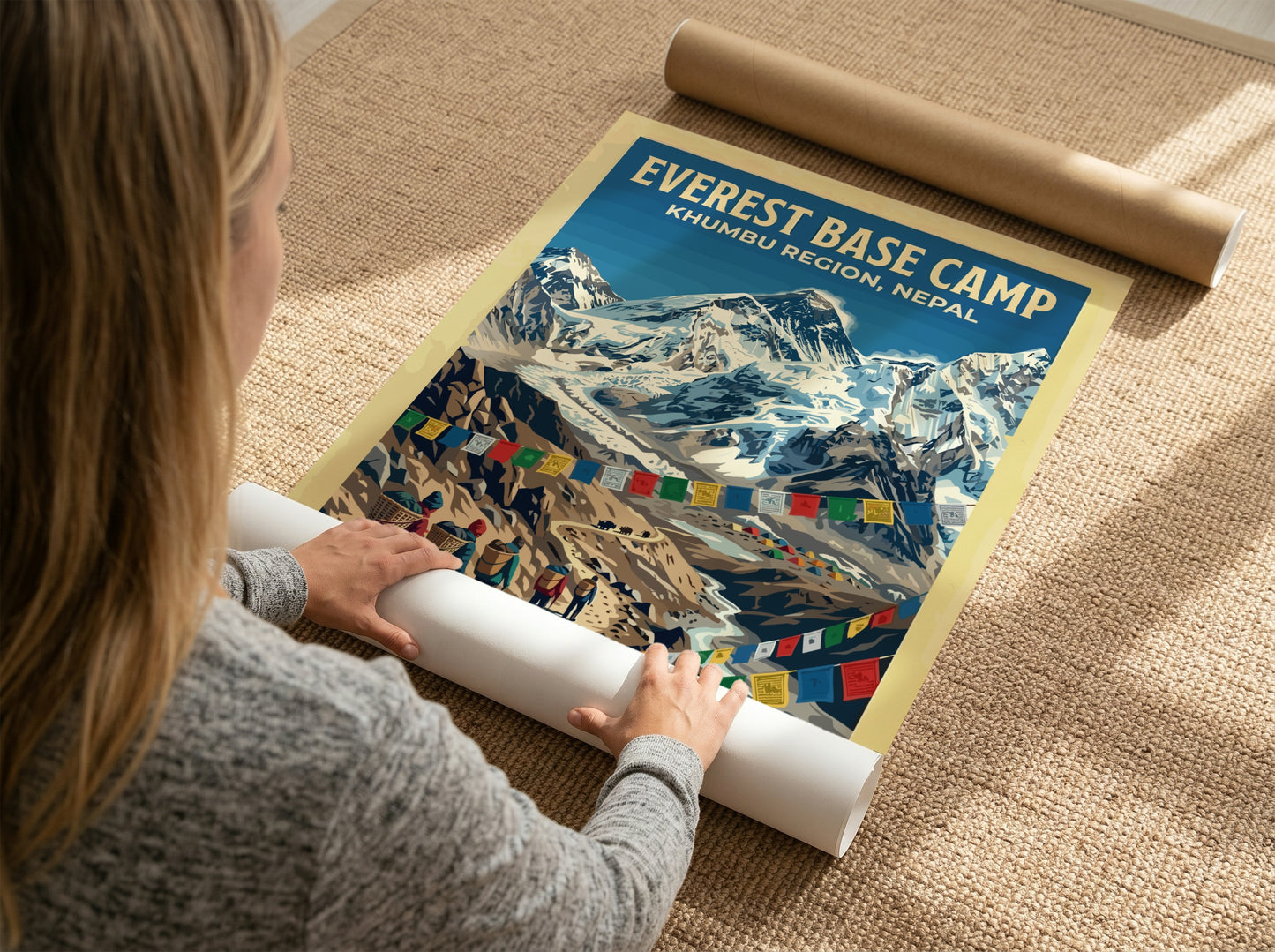 Travel poster featuring Everest Base Camp in the Khumbu Region with colorful prayer flags.