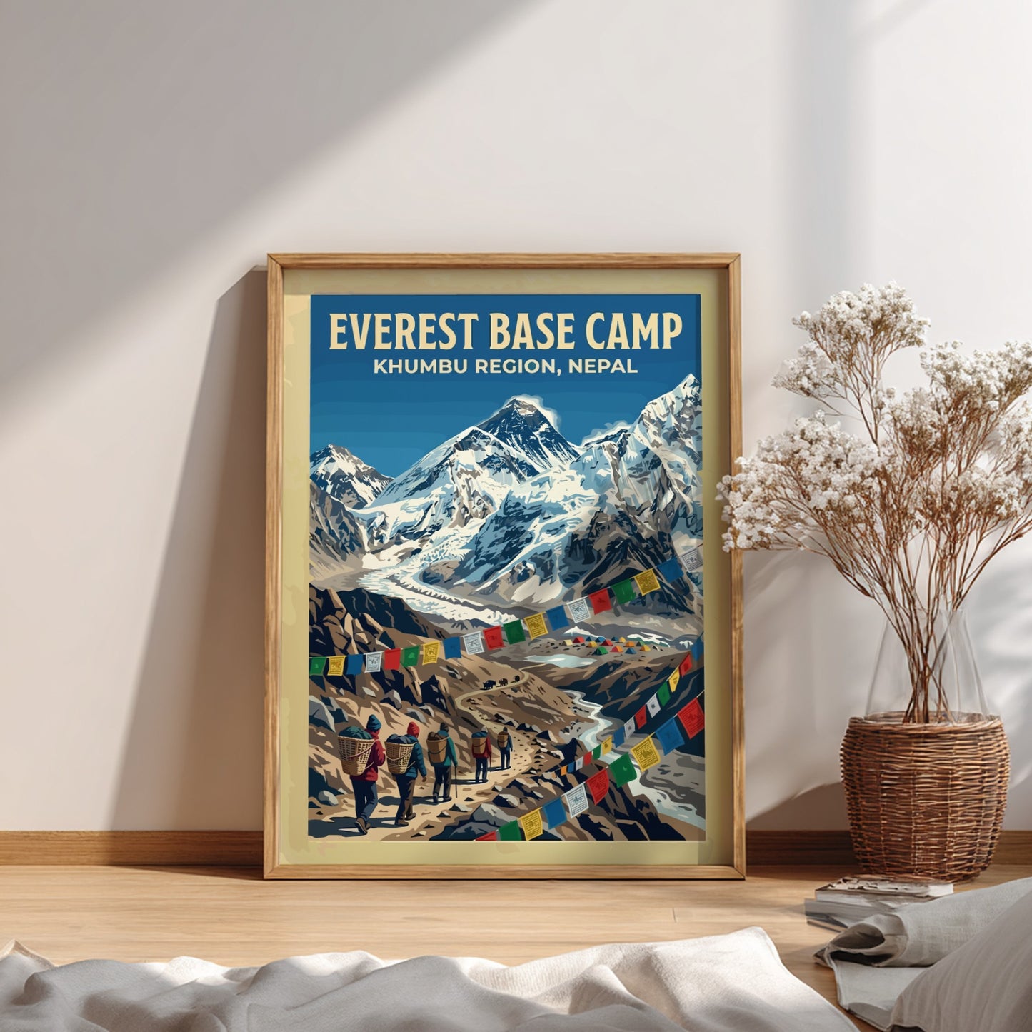 Travel poster featuring Everest Base Camp in the Khumbu Region with colorful prayer flags.