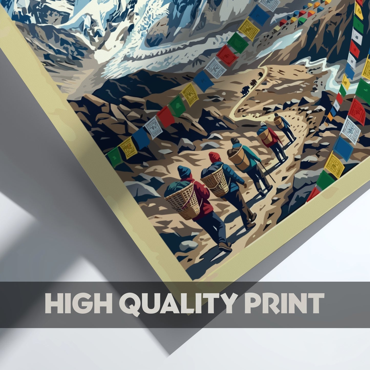Travel poster featuring Everest Base Camp in the Khumbu Region with colorful prayer flags.