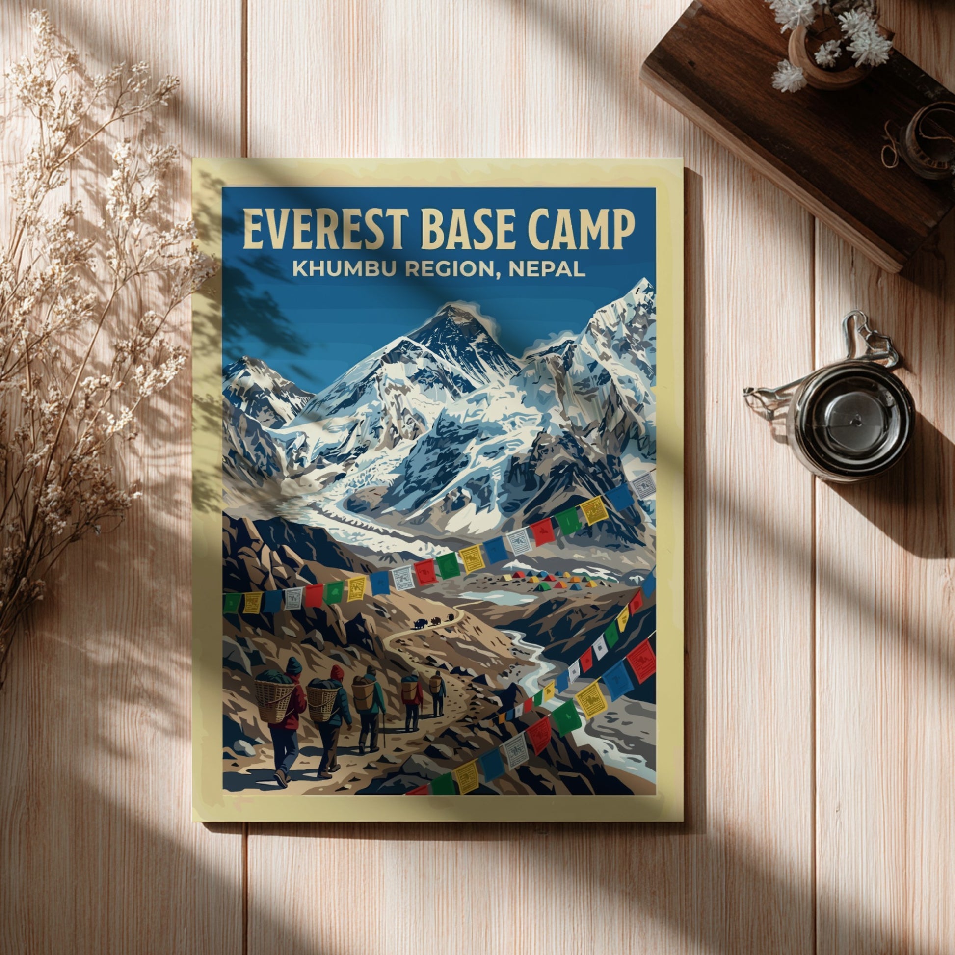 Travel poster featuring Everest Base Camp in the Khumbu Region with colorful prayer flags.